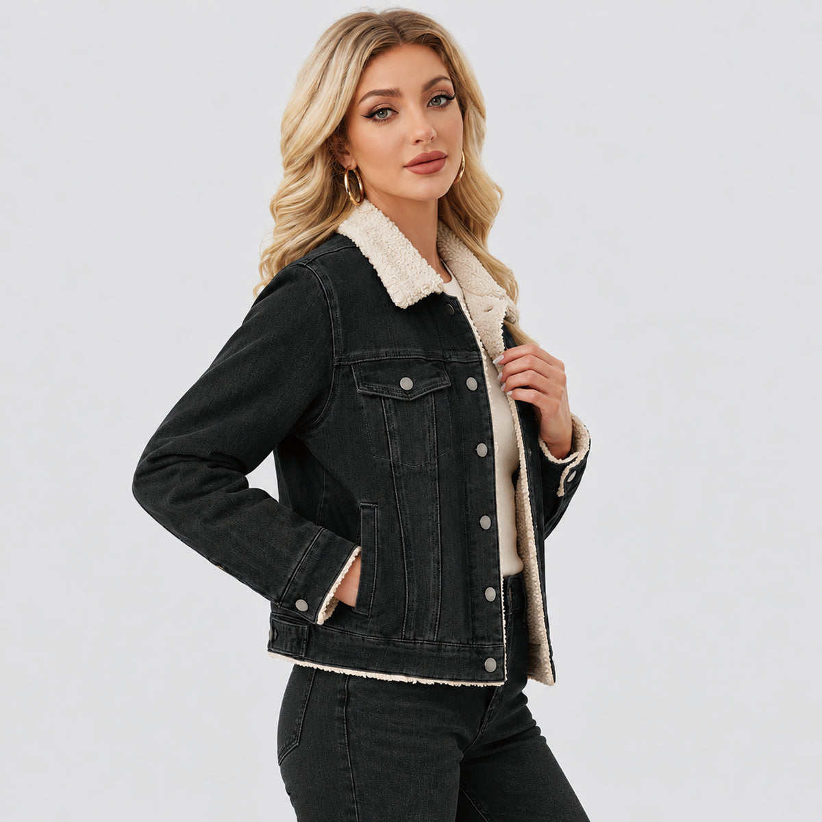Women's Fleece-Lined Denim Jacket with Warm Collar and Pockets