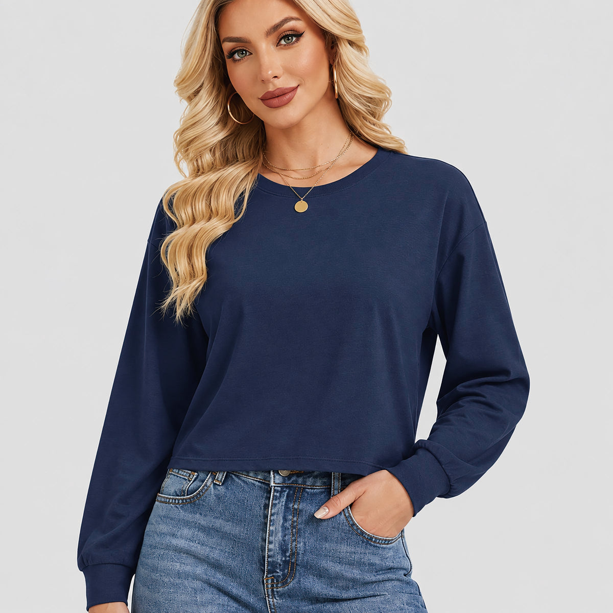 Women's Long Sleeve Cropped Top Crew Neck Casual Lightweight Shirt
