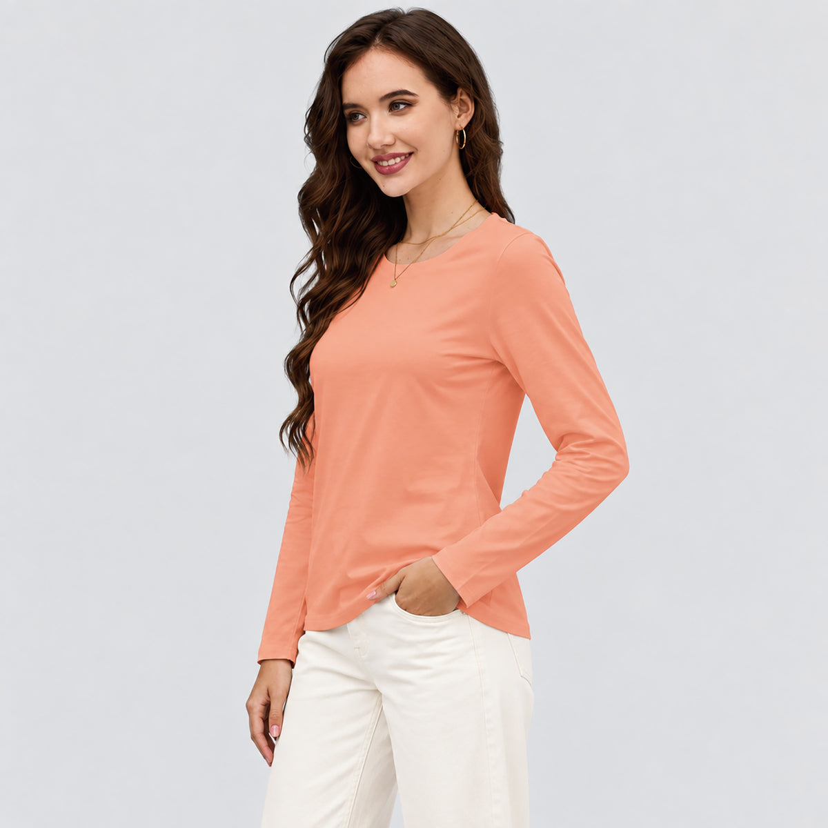 Women's Cotton Long Sleeve Crew Neck T Shirt Soft Casual Basic Tee