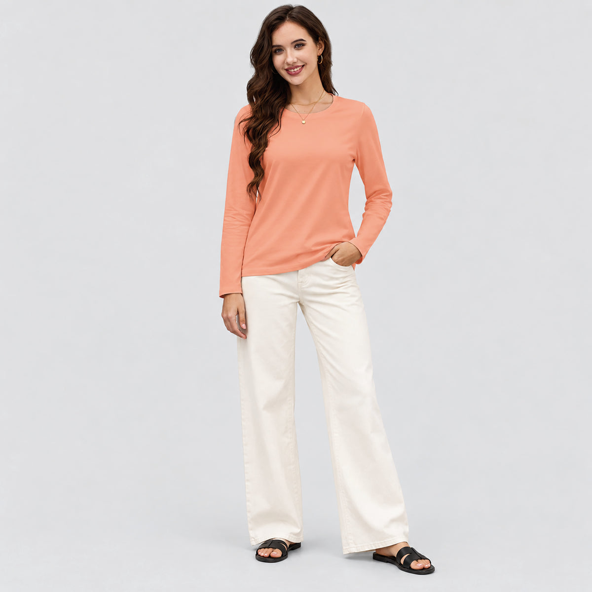 Women's Cotton Long Sleeve Crew Neck T Shirt Soft Casual Basic Tee