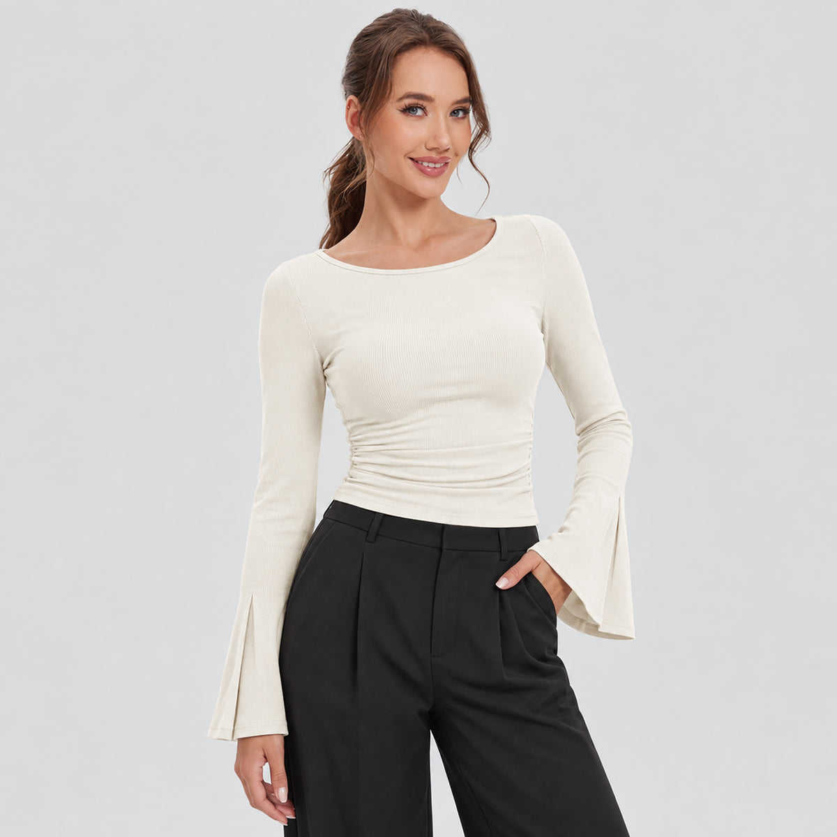 Women's Ribbed Boat Neck Long Sleeve Top Fitted Ruched Casual Shirt