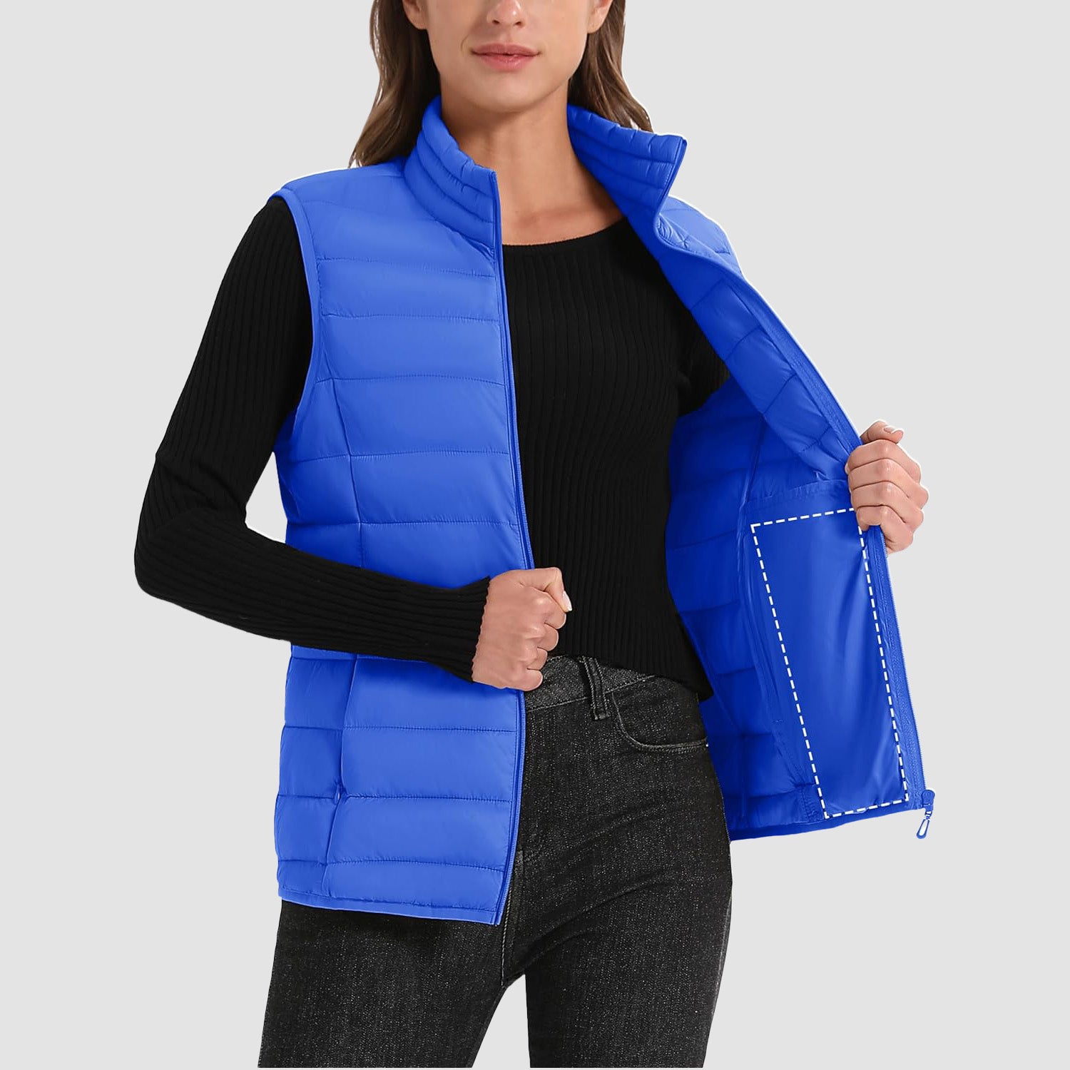 Color Blue Women's Lightweight Puffer Vest with 4 Pockets & Stand Collar - MAGCOMSEN