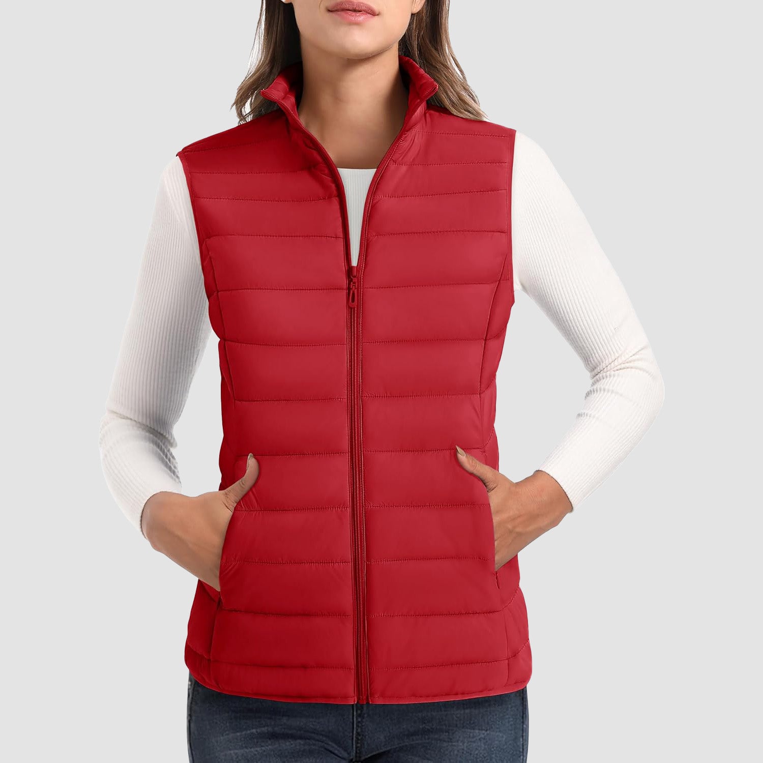 Red Women's Lightweight Puffer Vest with 4 Pockets & Stand Collar - MAGCOMSEN