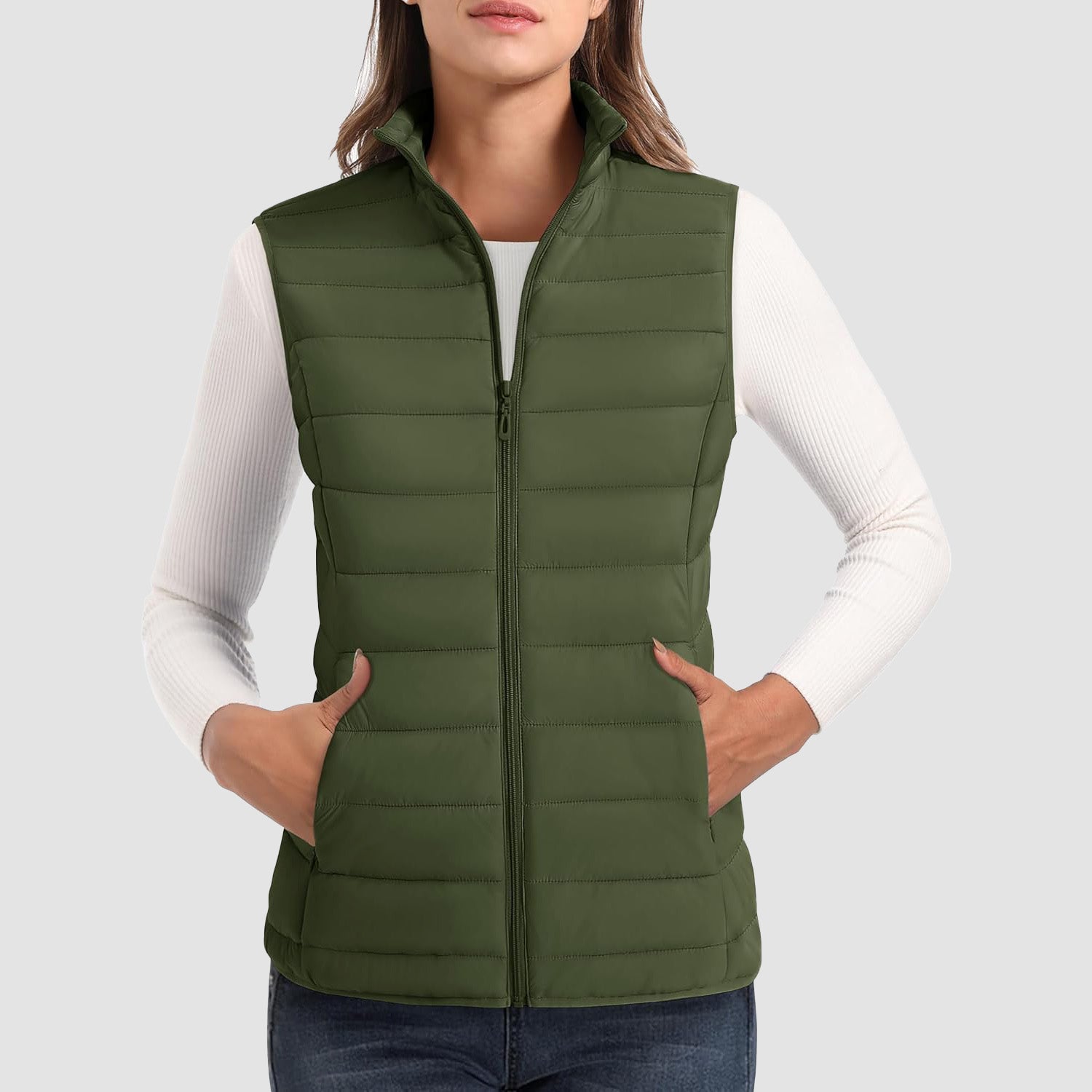 Army Green Women's Lightweight Puffer Vest with 4 Pockets & Stand Collar - MAGCOMSEN