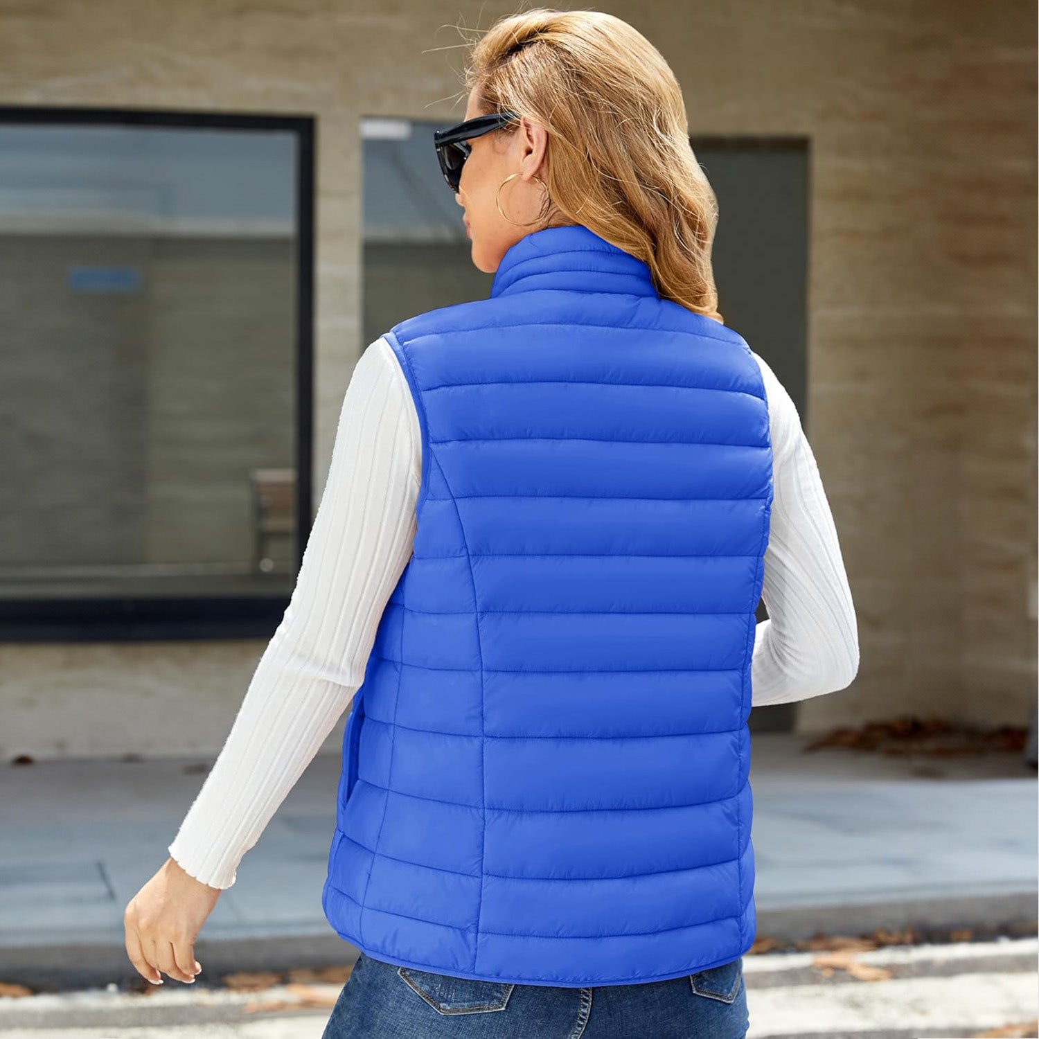 Color Blue Women's Lightweight Puffer Vest with 4 Pockets & Stand Collar - MAGCOMSEN