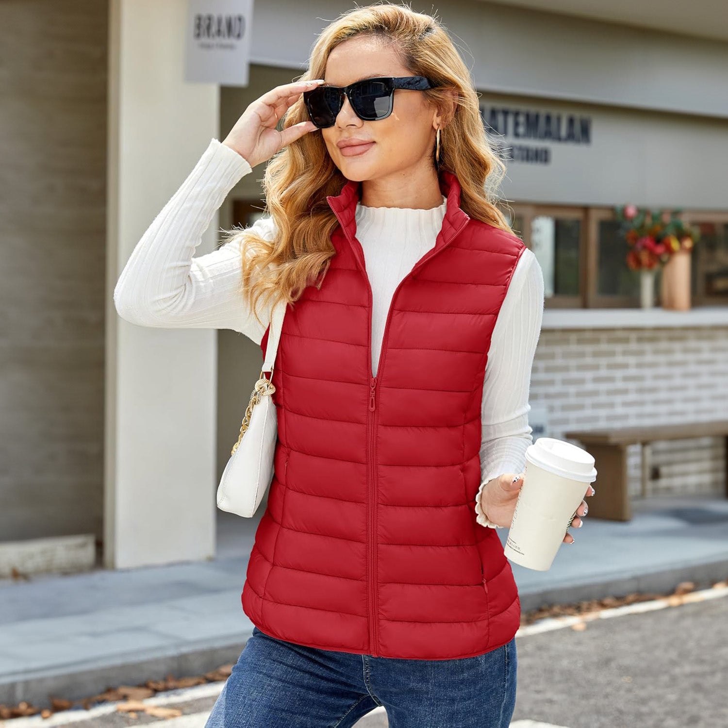 Red Women's Lightweight Puffer Vest with 4 Pockets & Stand Collar - MAGCOMSEN