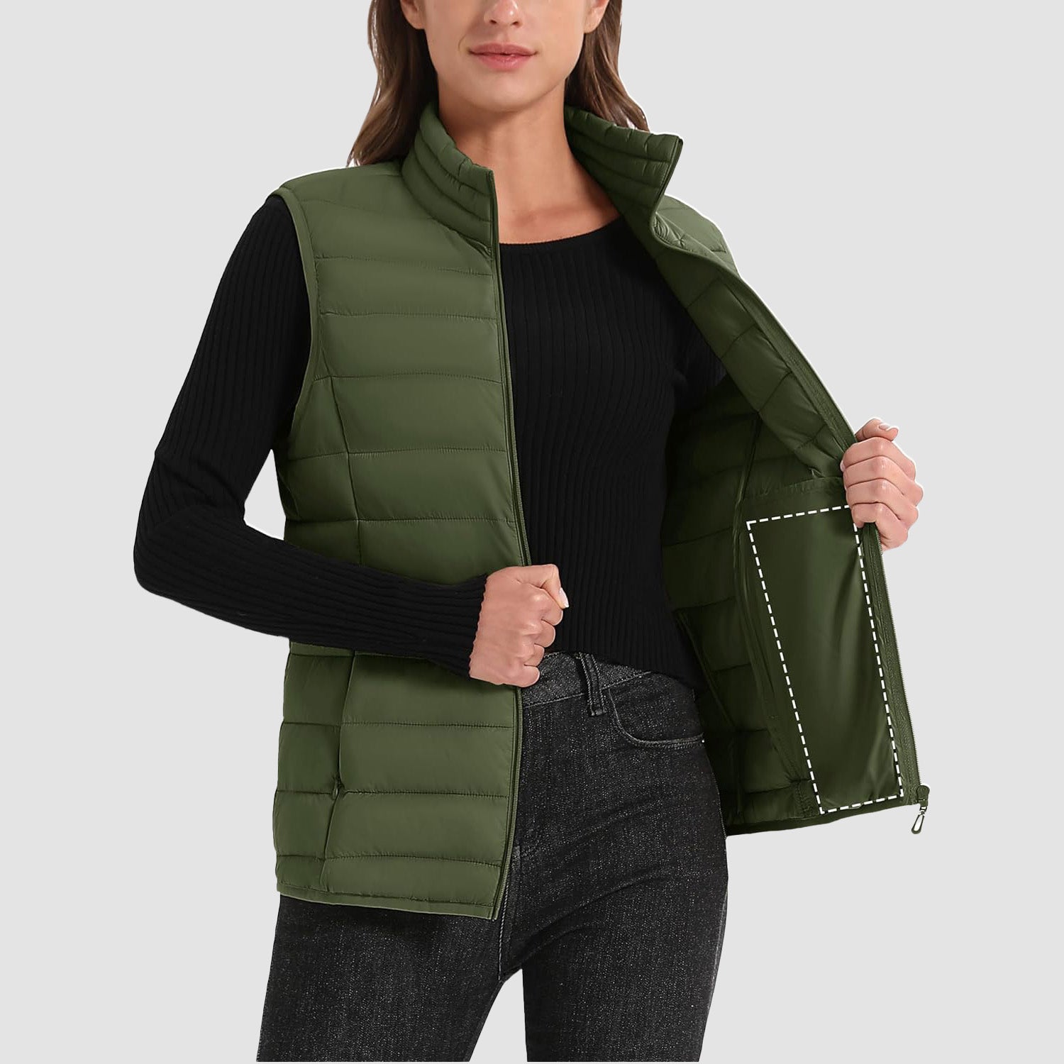 Army Green Women's Lightweight Puffer Vest with 4 Pockets & Stand Collar - MAGCOMSEN