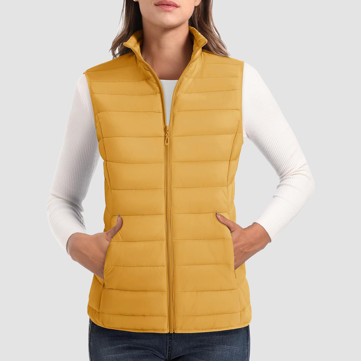 Yellow Women's Lightweight Puffer Vest with 4 Pockets & Stand Collar - MAGCOMSEN