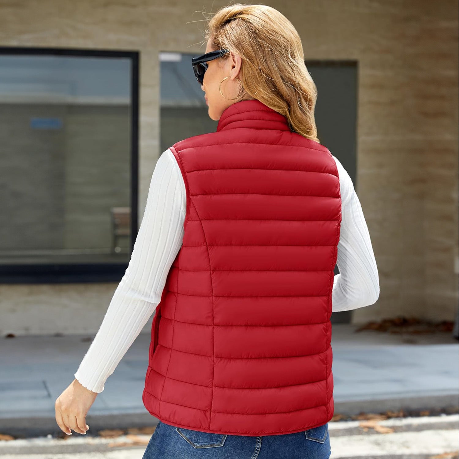 Red Women's Lightweight Puffer Vest with 4 Pockets & Stand Collar - MAGCOMSEN