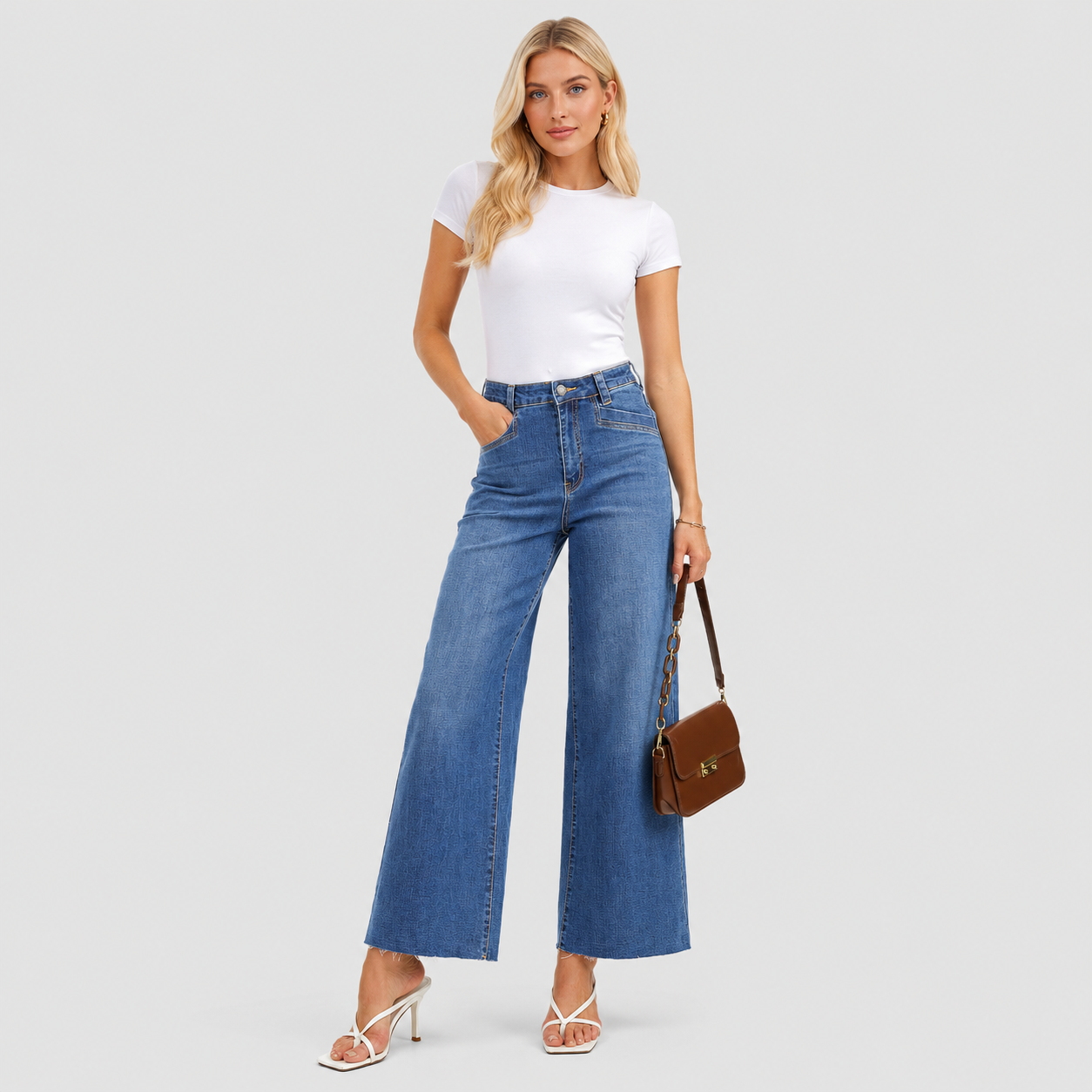 Women's High Waisted Wide Leg Jeans - Stretch Denim Pants with Raw Hem