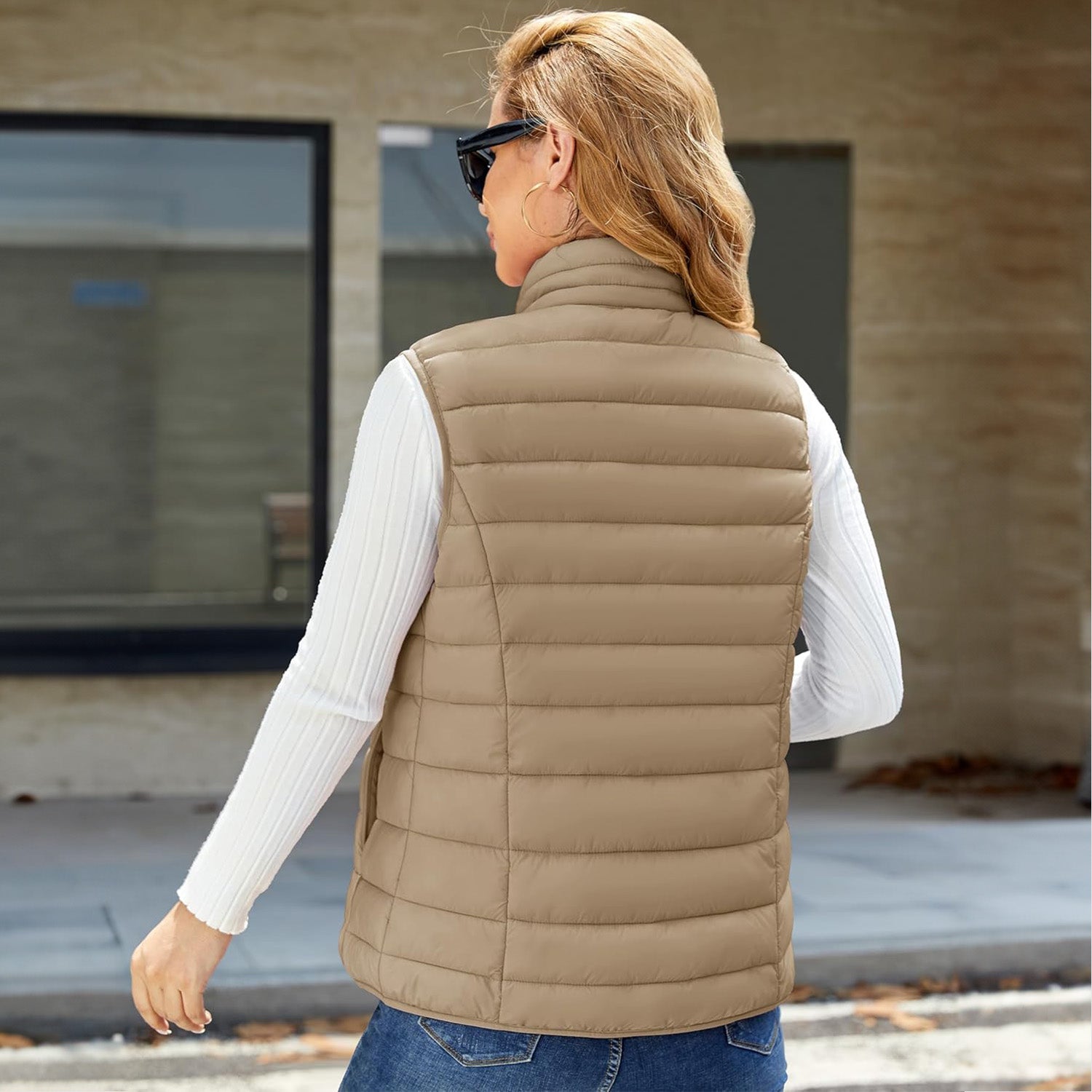 Khaki Women's Lightweight Puffer Vest with 4 Pockets & Stand Collar - MAGCOMSEN