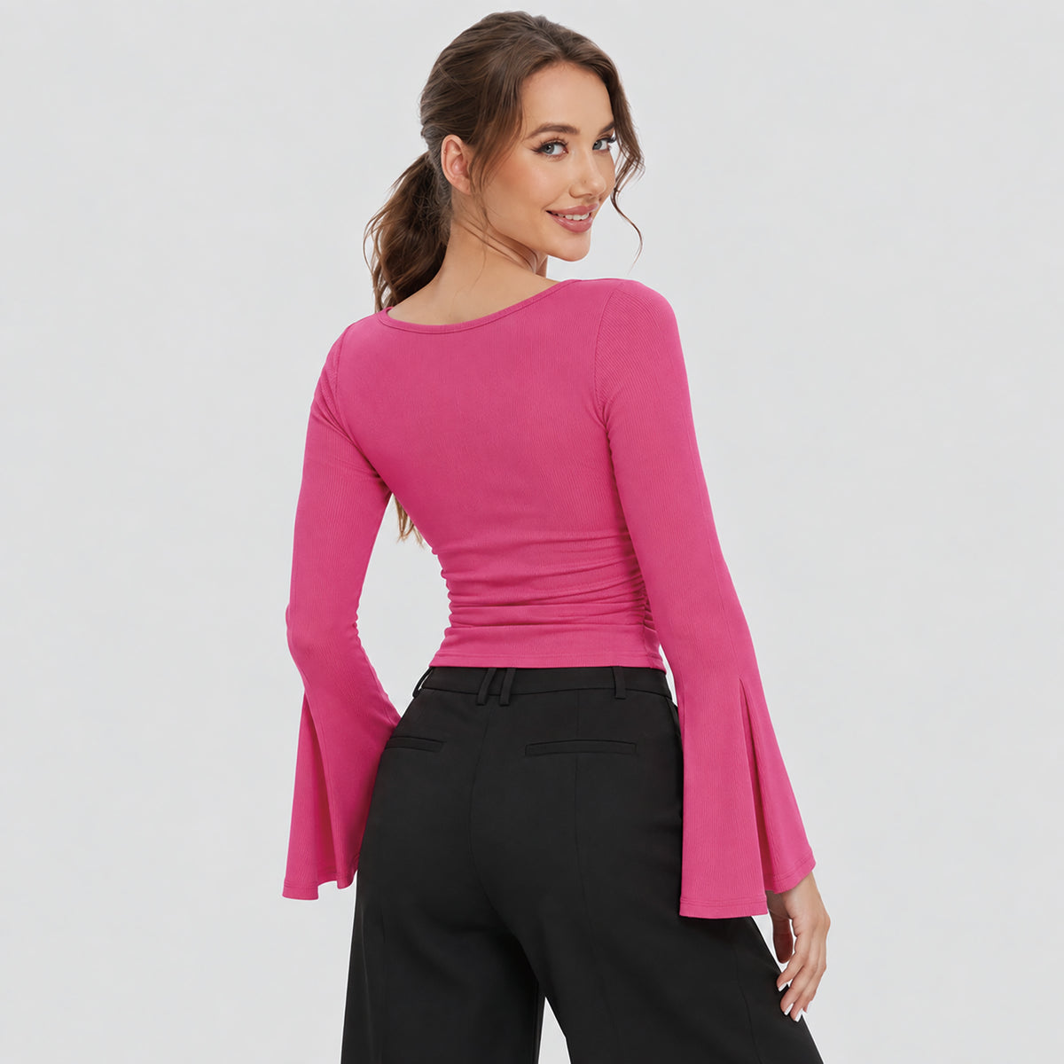 Women's Ribbed Boat Neck Long Sleeve Top Fitted Ruched Casual Shirt