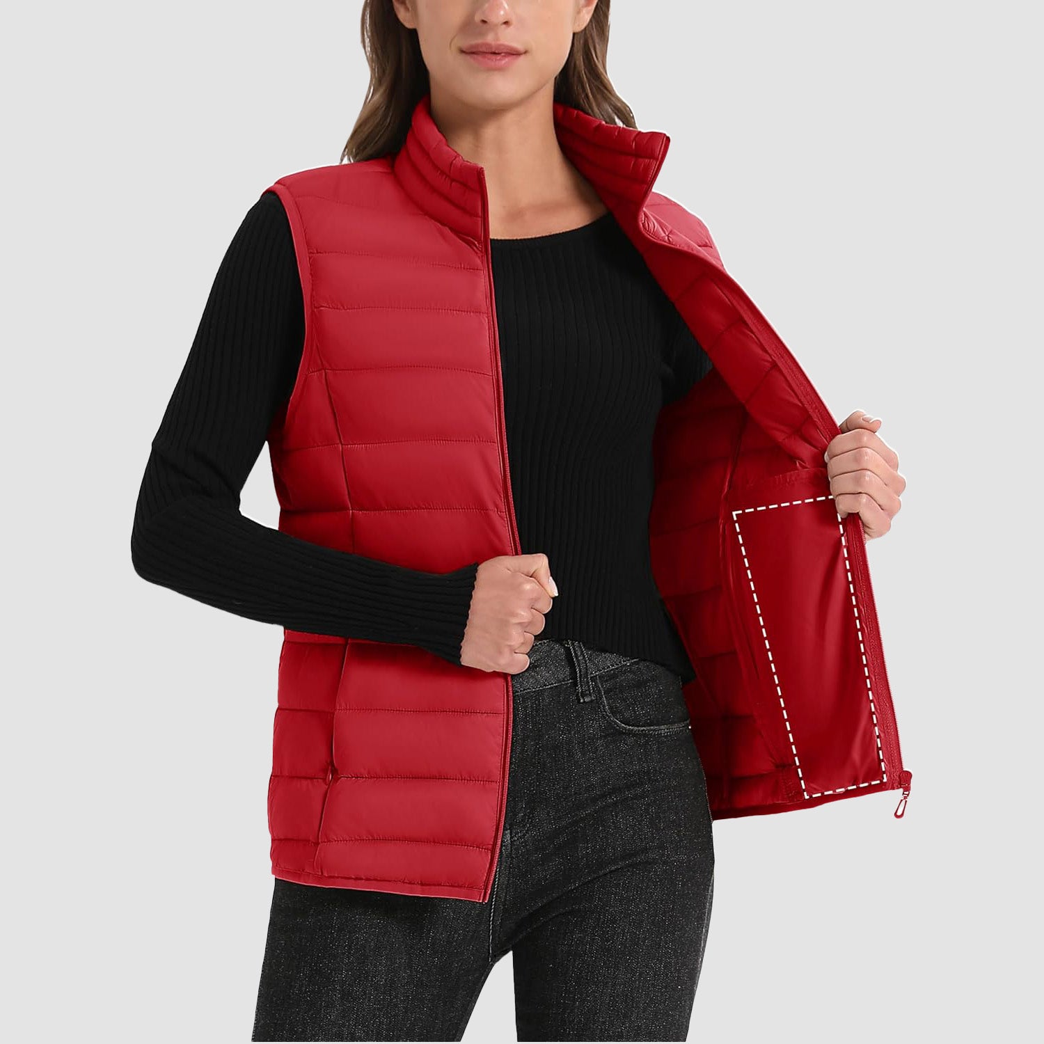 Red Women's Lightweight Puffer Vest with 4 Pockets & Stand Collar - MAGCOMSEN