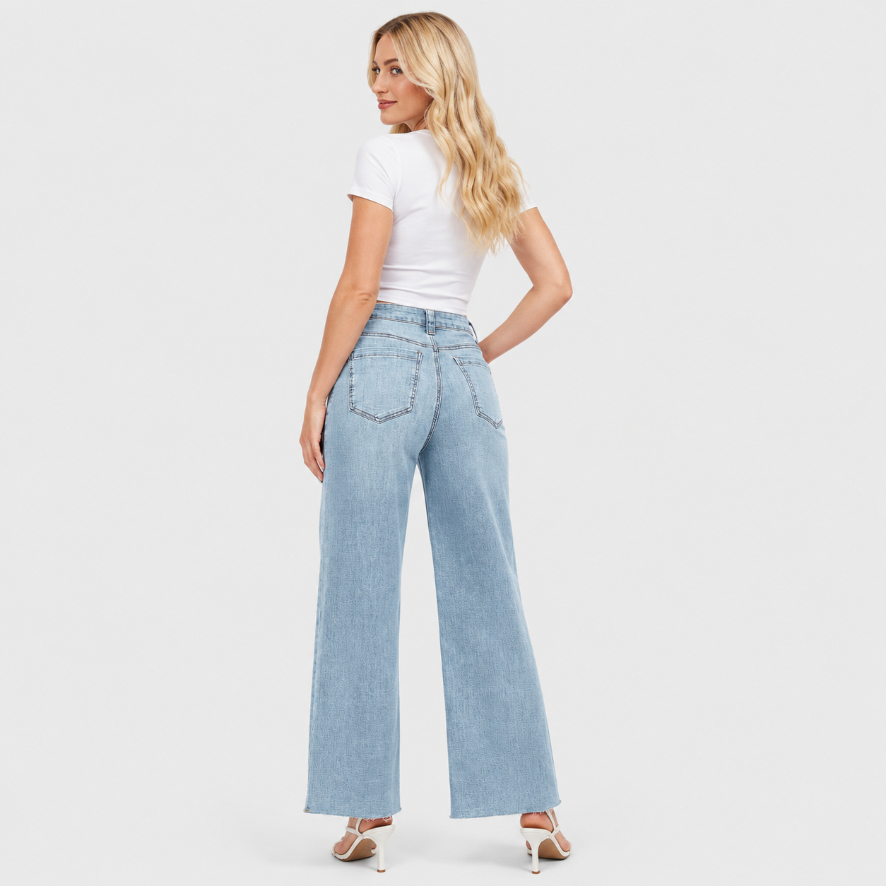 Women's High Waisted Wide Leg Jeans - Stretch Denim Pants with Raw Hem