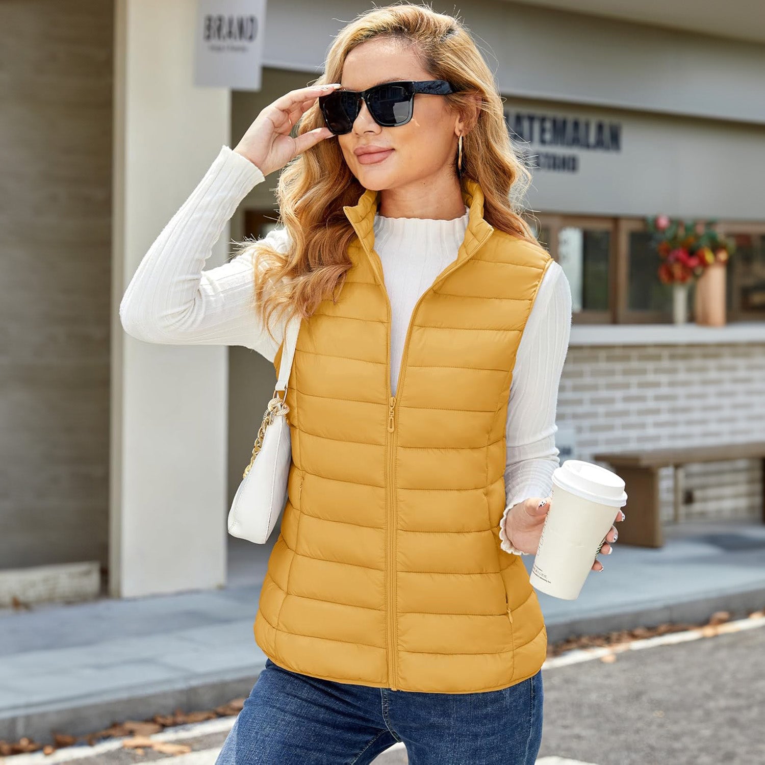 Yellow Women's Lightweight Puffer Vest with 4 Pockets & Stand Collar - MAGCOMSEN