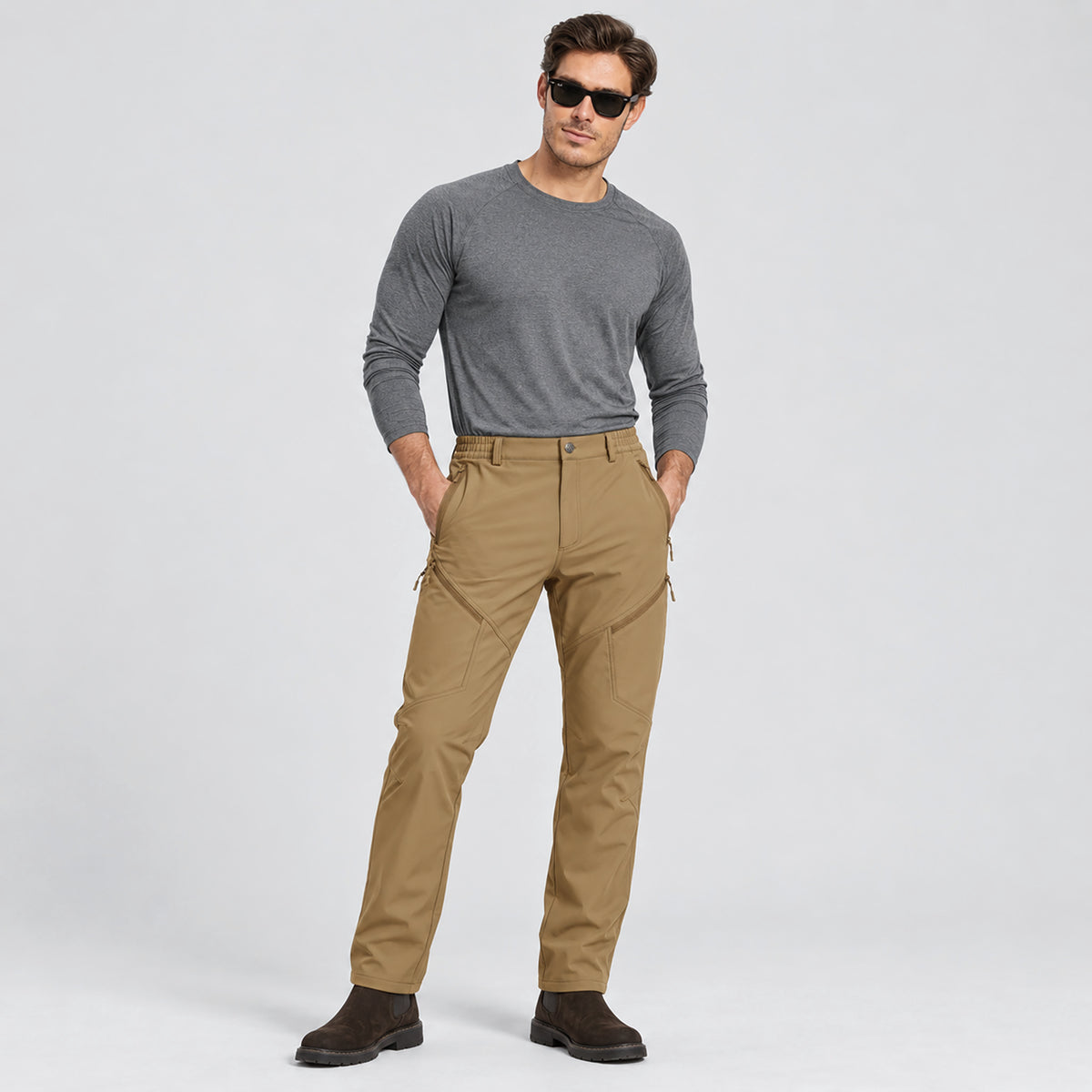 Men's Fleece Lined Softshell Pants Waterproof Hiking Pants with Pockets