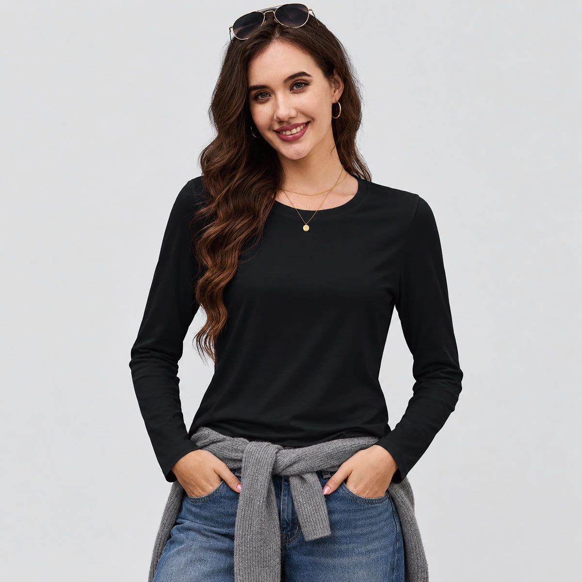 Women's Cotton Long Sleeve Crew Neck T Shirt Soft Casual Basic Tee