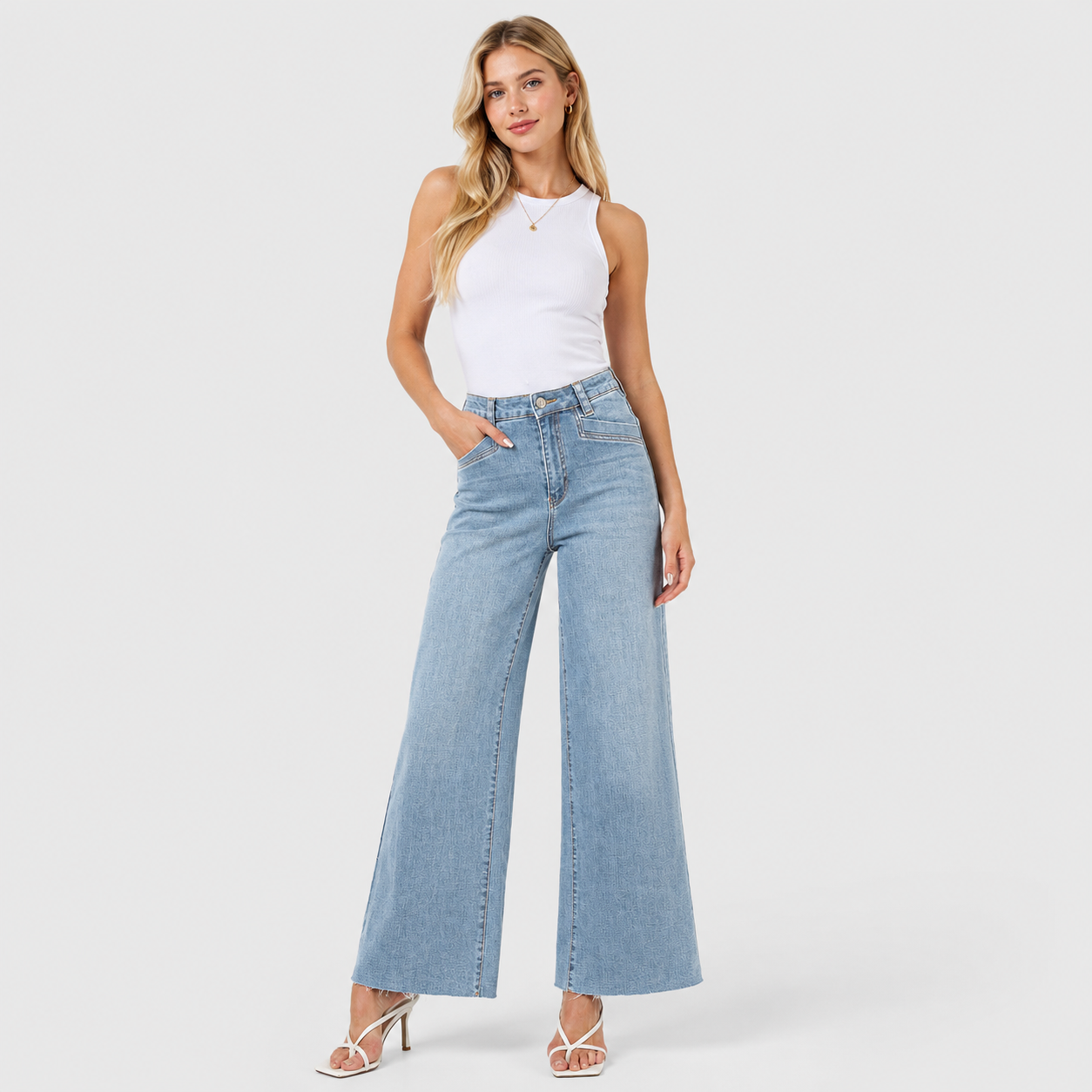 Women's High Waisted Wide Leg Jeans - Stretch Denim Pants with Raw Hem