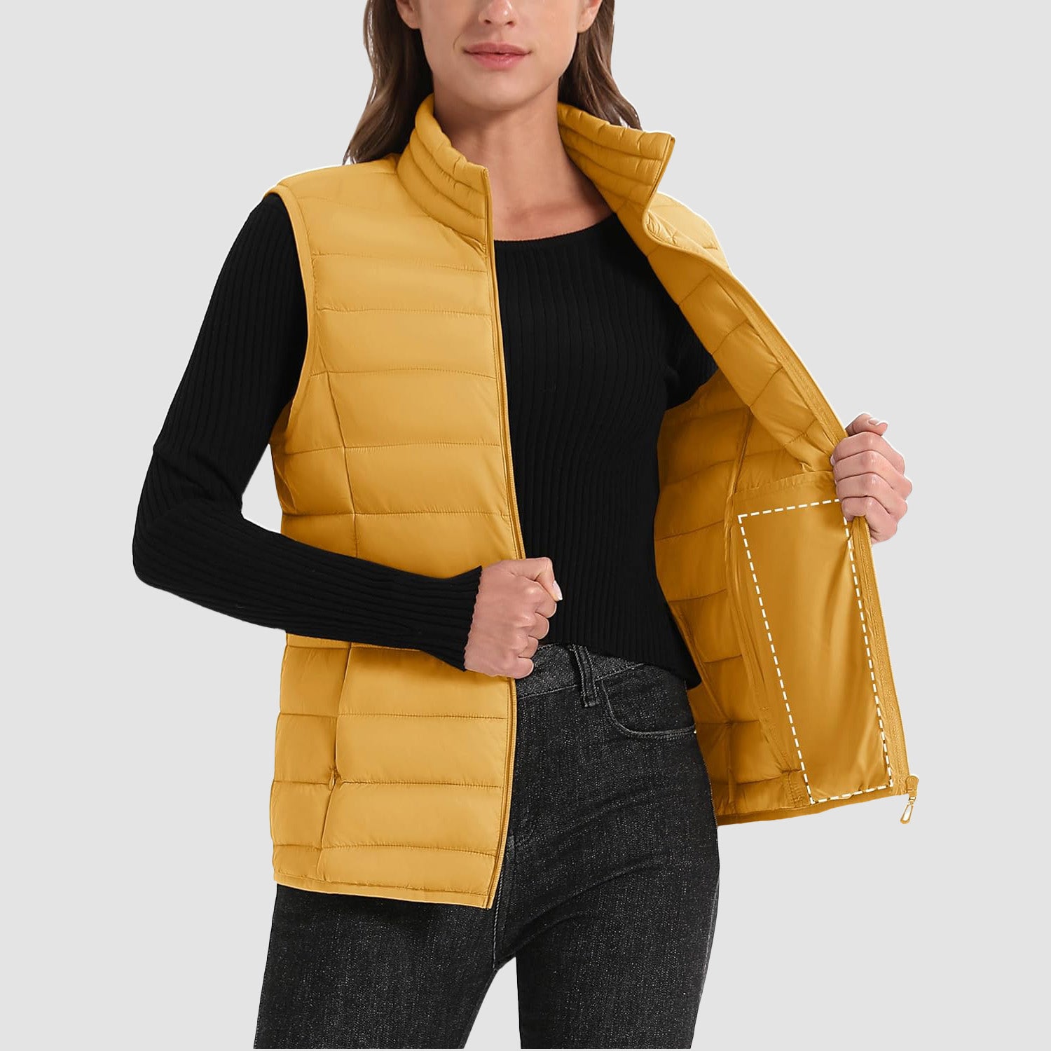Yellow Women's Lightweight Puffer Vest with 4 Pockets & Stand Collar - MAGCOMSEN