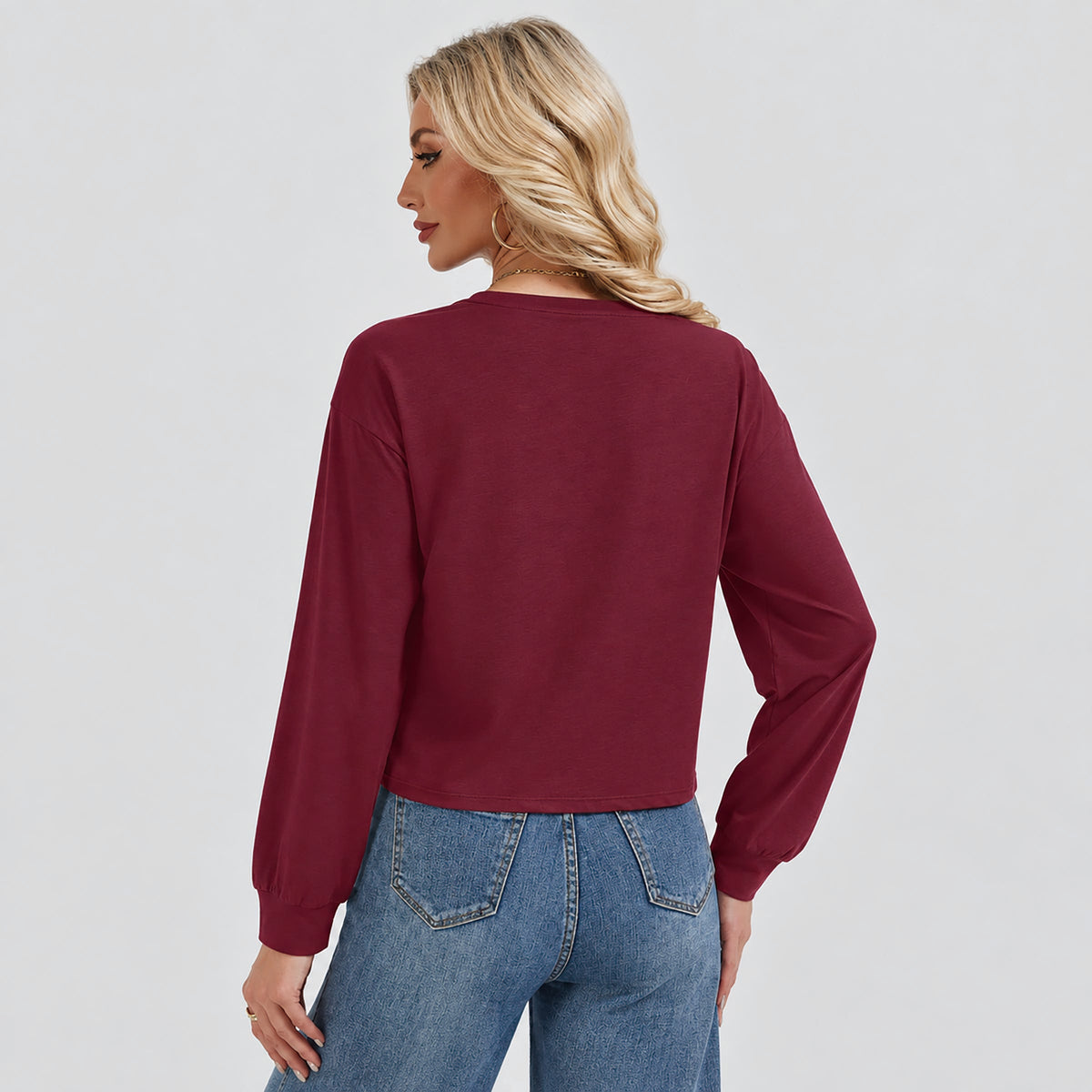 Women's Long Sleeve Cropped Top Crew Neck Casual Lightweight Shirt