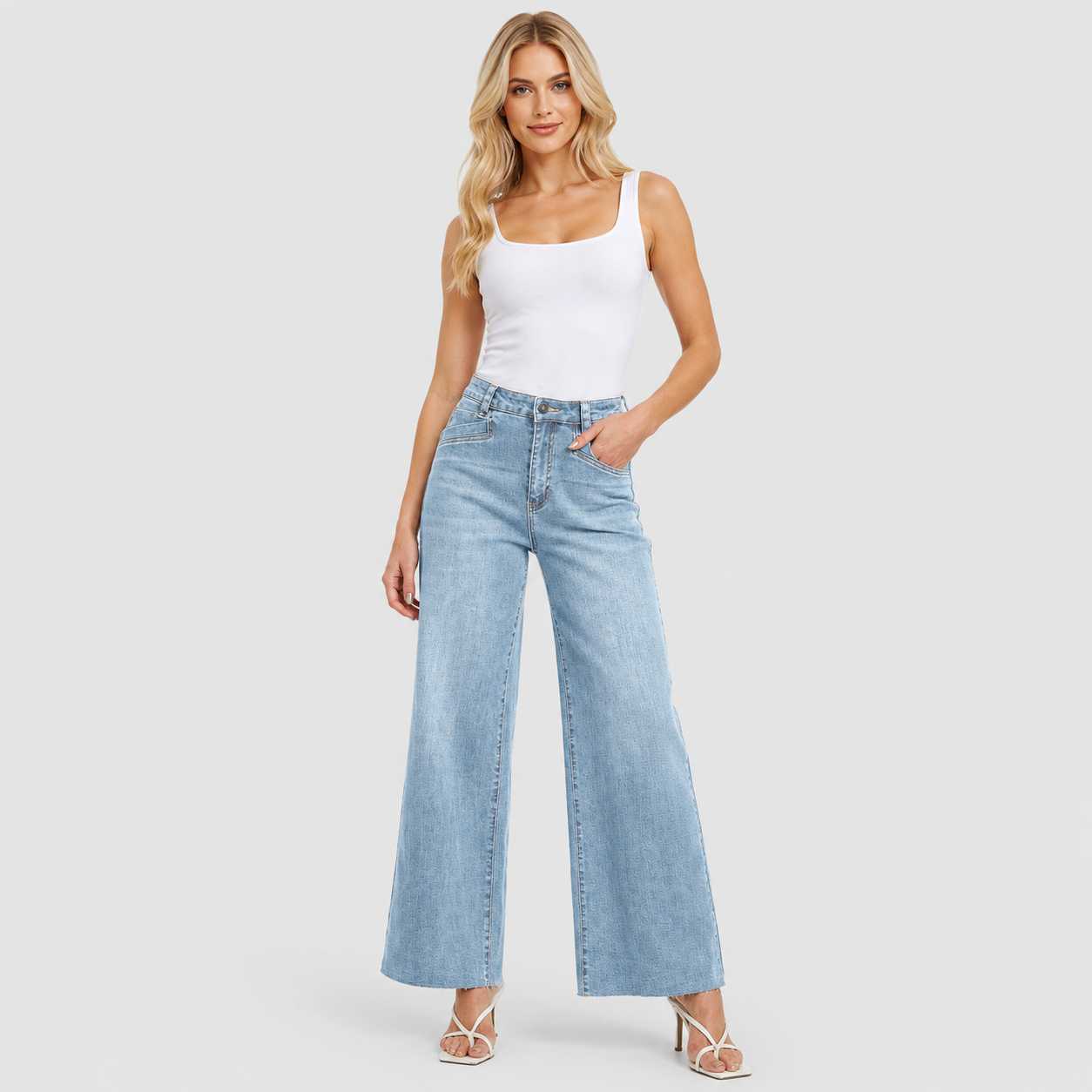 Women's High Waisted Wide Leg Jeans - Stretch Denim Pants with Raw Hem