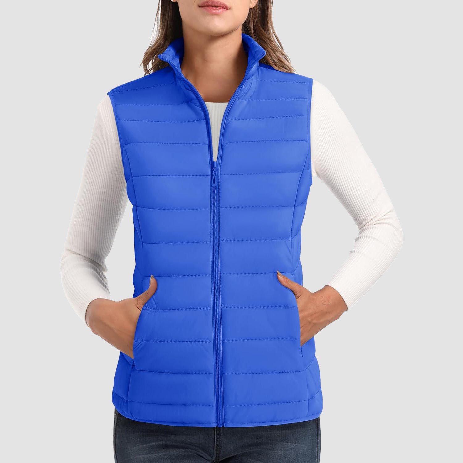 Color Blue Women's Lightweight Puffer Vest with 4 Pockets & Stand Collar - MAGCOMSEN