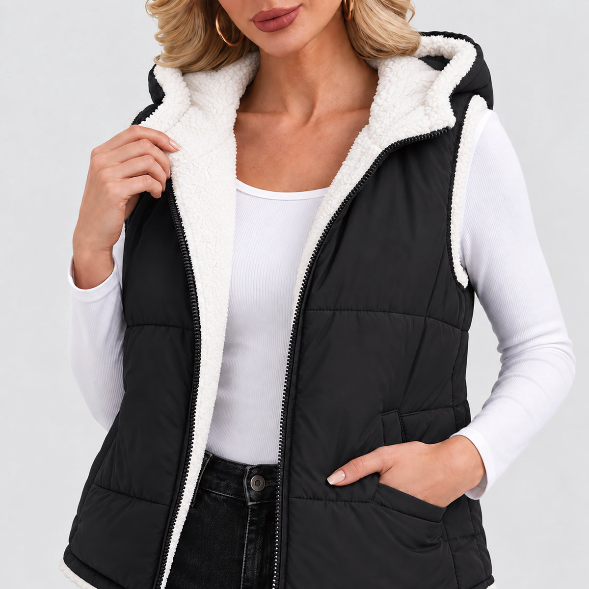 Women's Reversible Fleece Lined Puffer Vest Lightweight Winter Vest with Hood