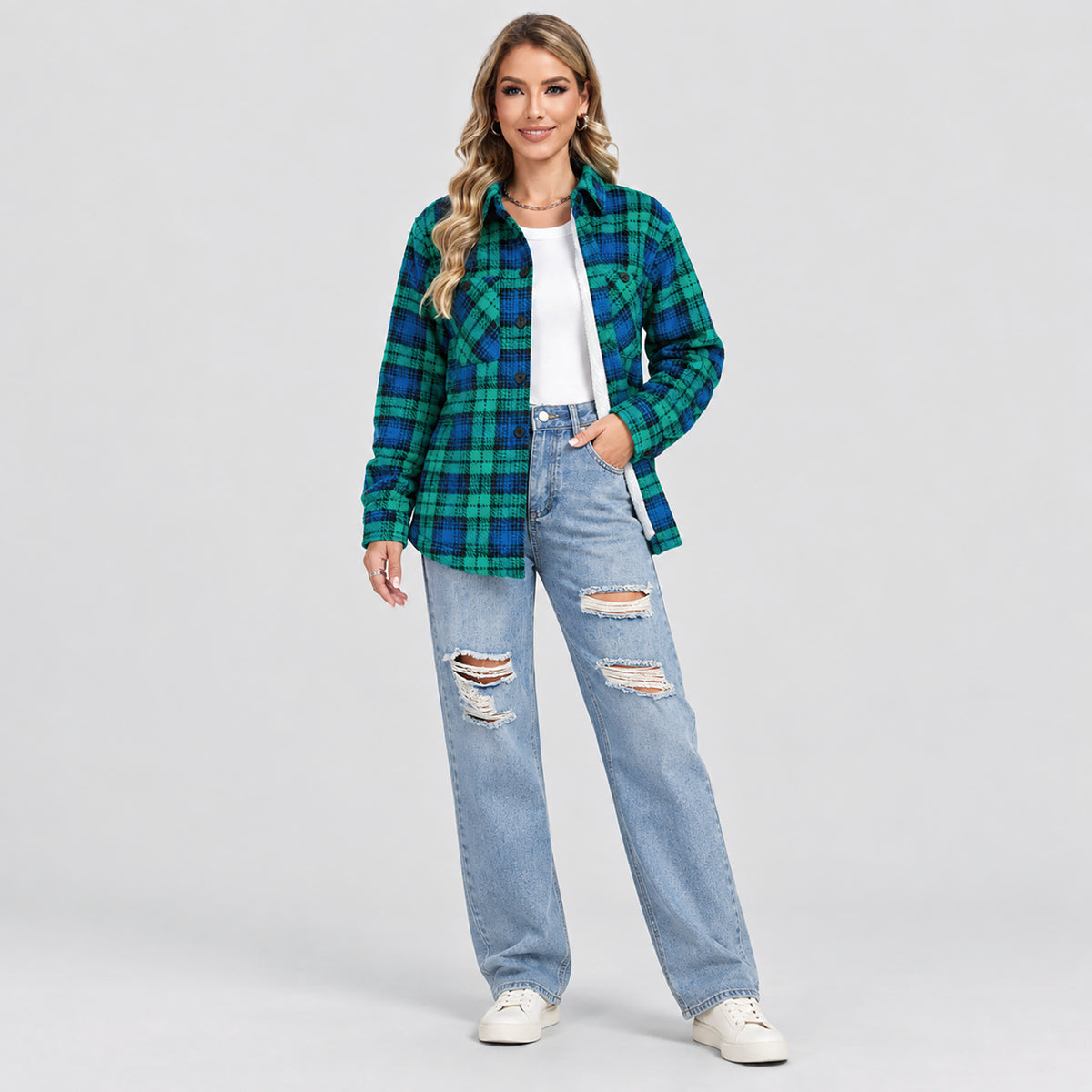 Women's Sherpa Lined Plaid Shacket Warm Flannel Jacket for Fall Winter