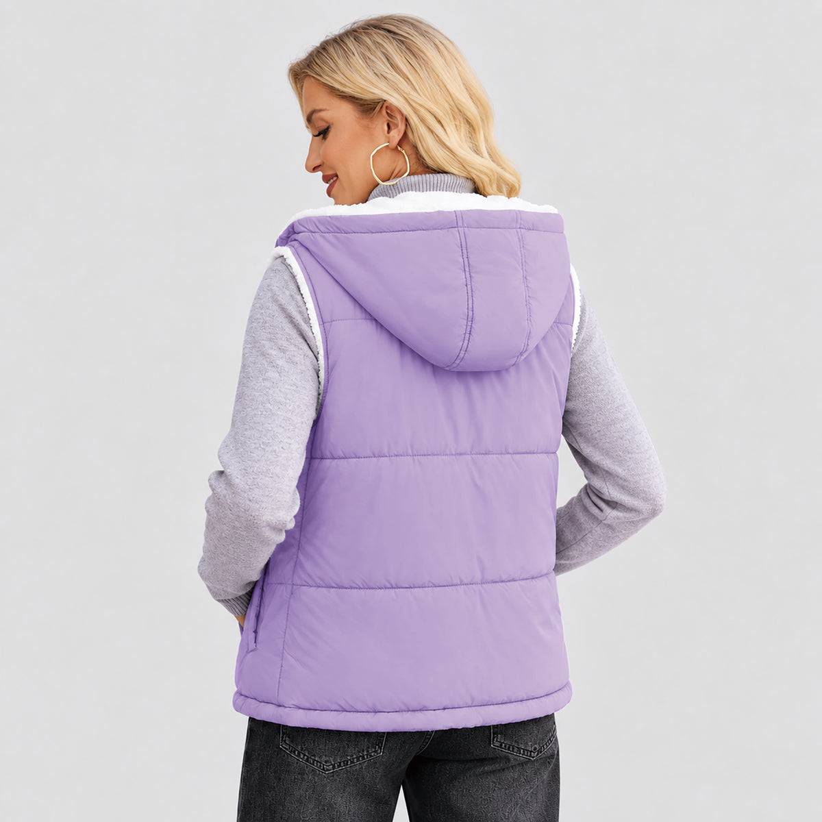 Women's Reversible Fleece Lined Puffer Vest Lightweight Winter Vest with Hood