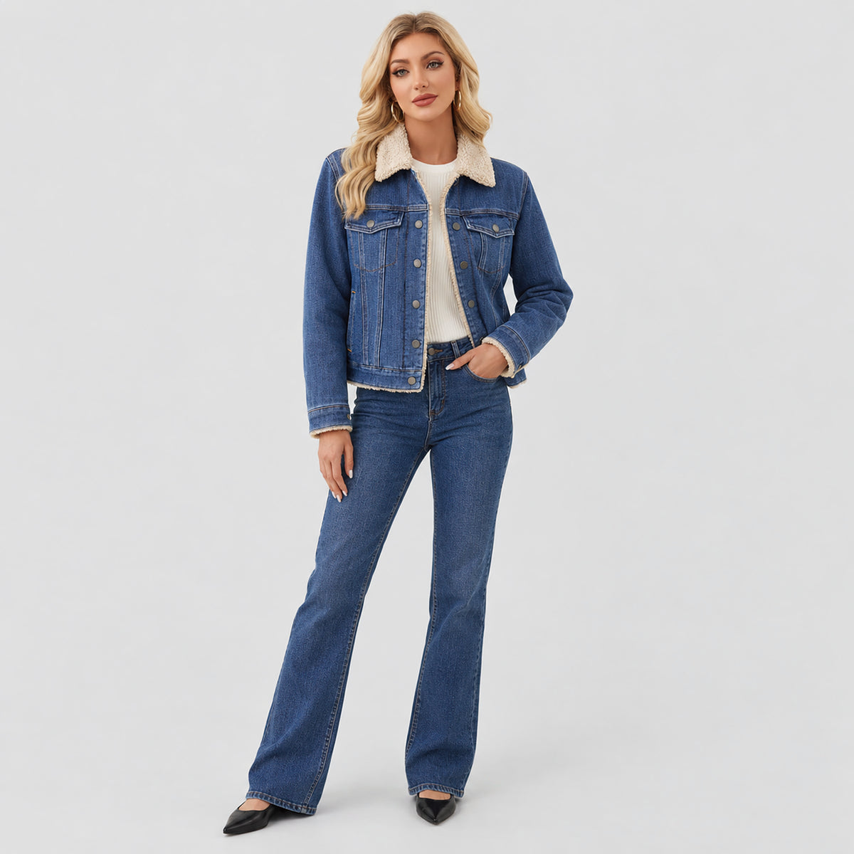 Women's Fleece-Lined Denim Jacket with Warm Collar and Pockets