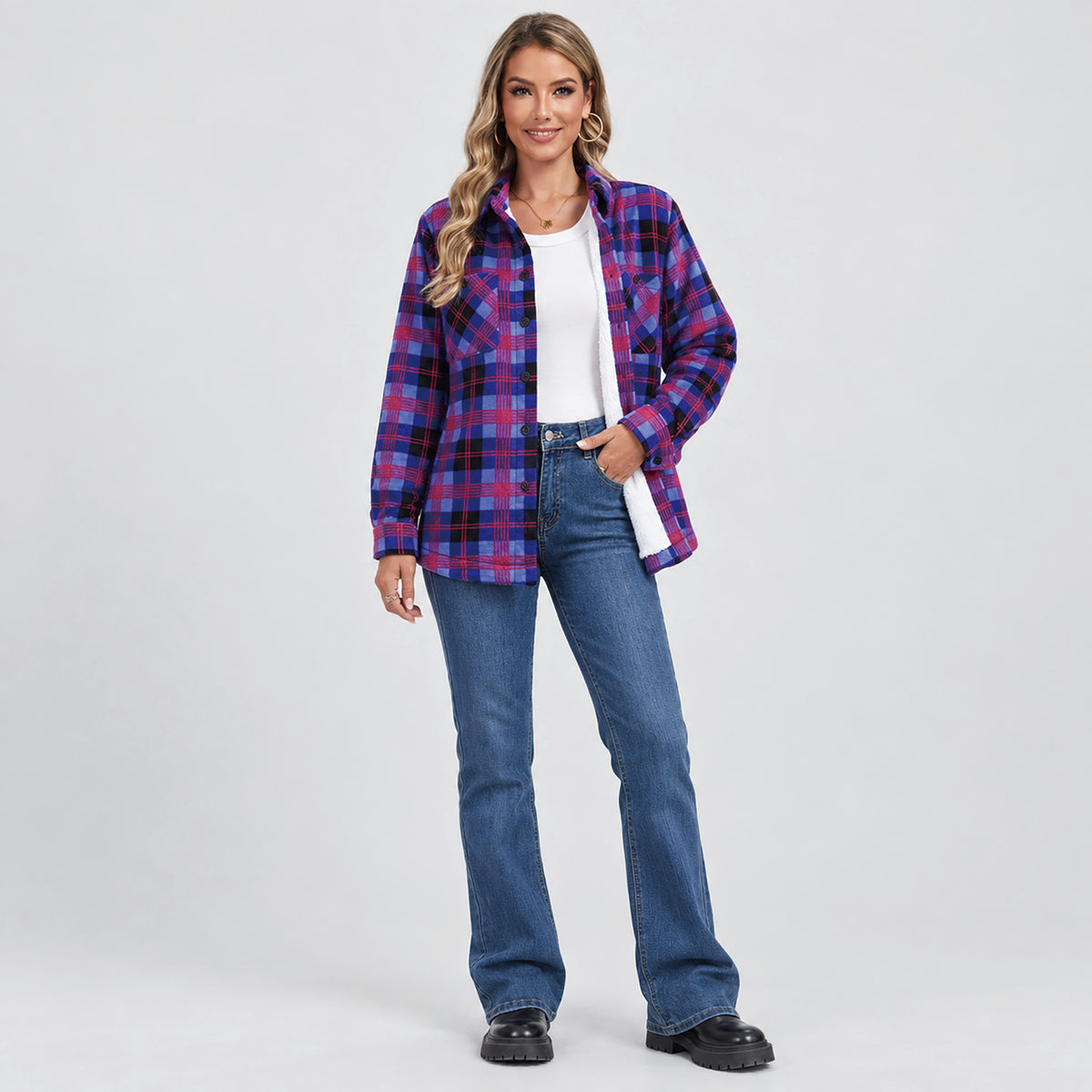 Women's Sherpa Lined Plaid Shacket Warm Flannel Jacket for Fall Winter