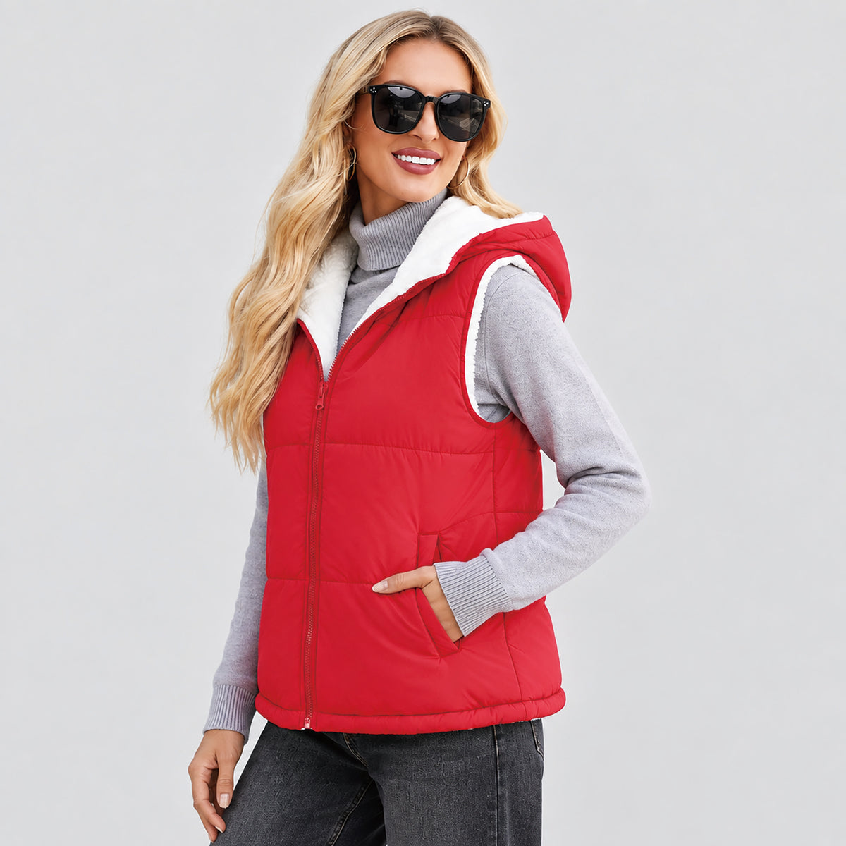 Women's Reversible Fleece Lined Puffer Vest Lightweight Winter Vest with Hood