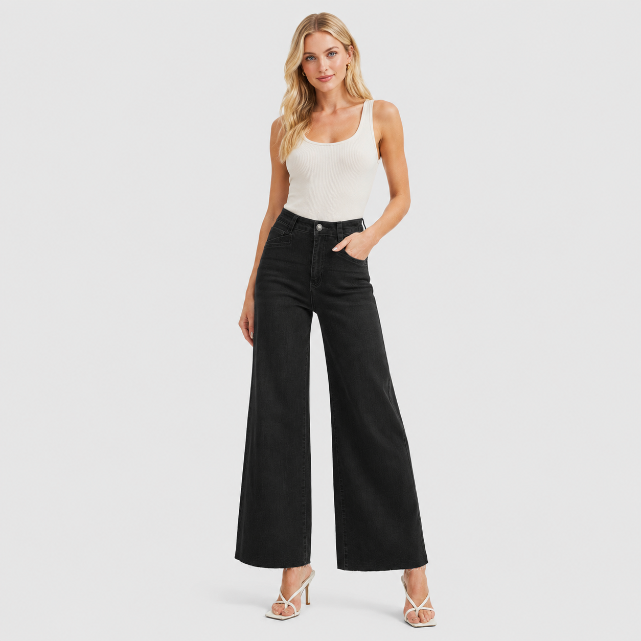 Women's High Waisted Wide Leg Jeans - Stretch Denim Pants with Raw Hem