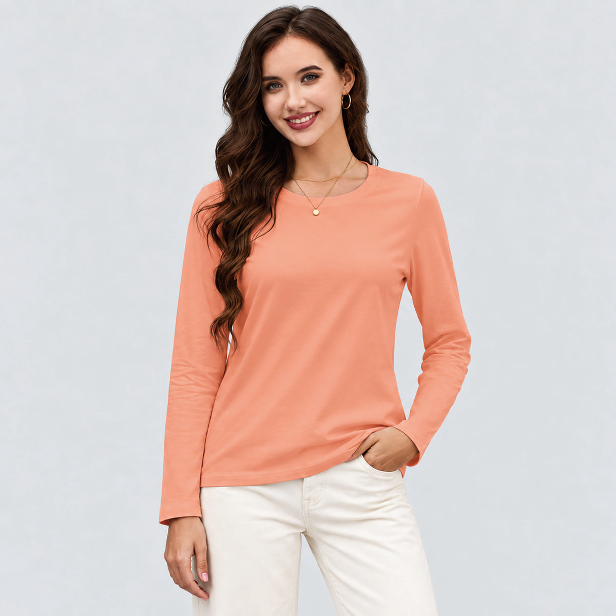 Women's Cotton Long Sleeve Crew Neck T Shirt Soft Casual Basic Tee