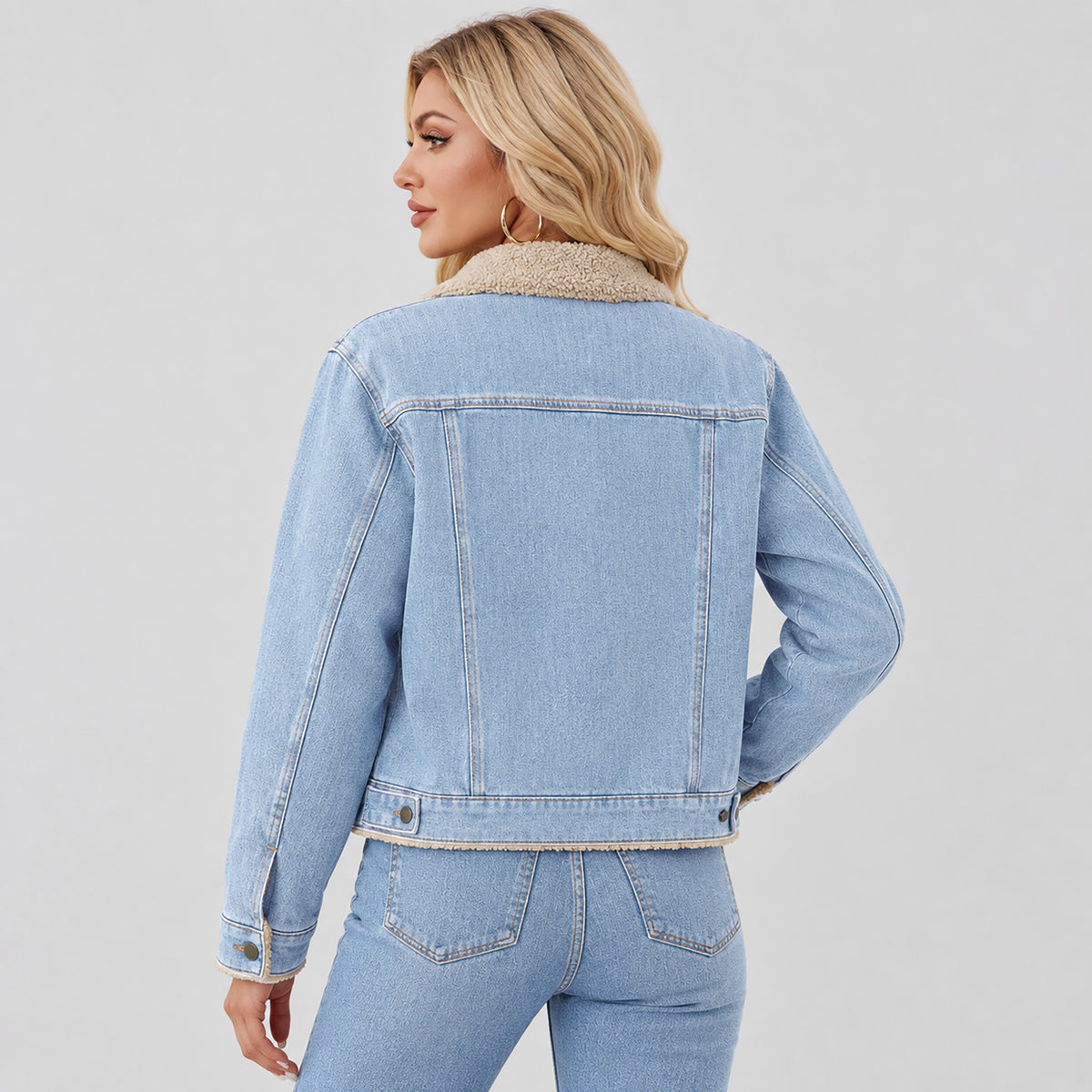 Women's Fleece-Lined Denim Jacket with Warm Collar and Pockets