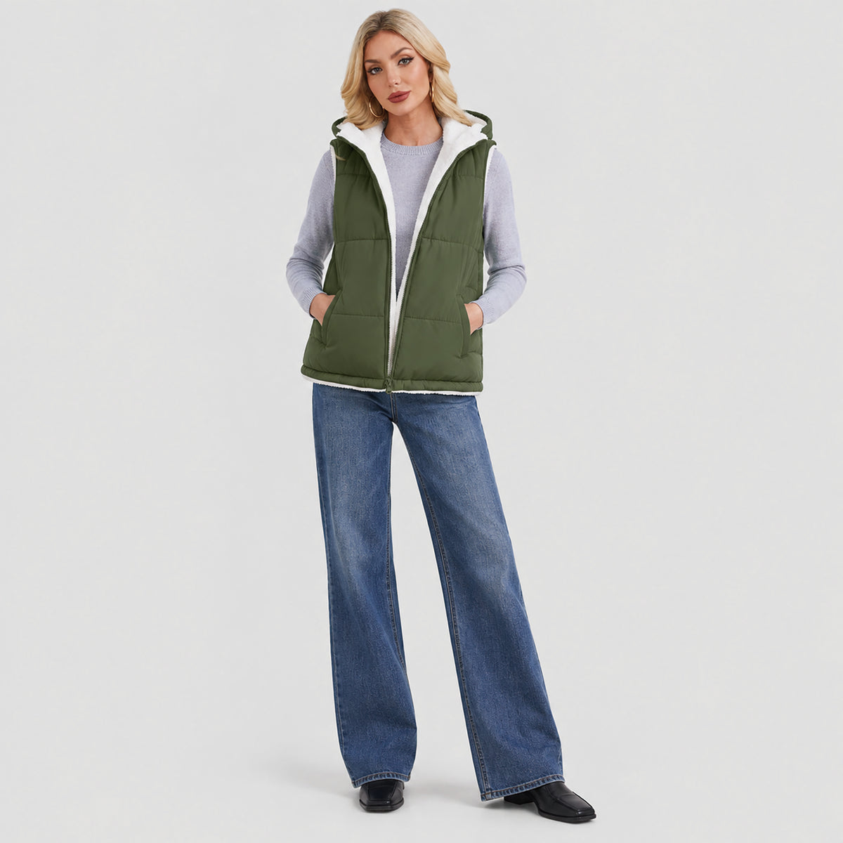 Women's Reversible Fleece Lined Puffer Vest Lightweight Winter Vest with Hood