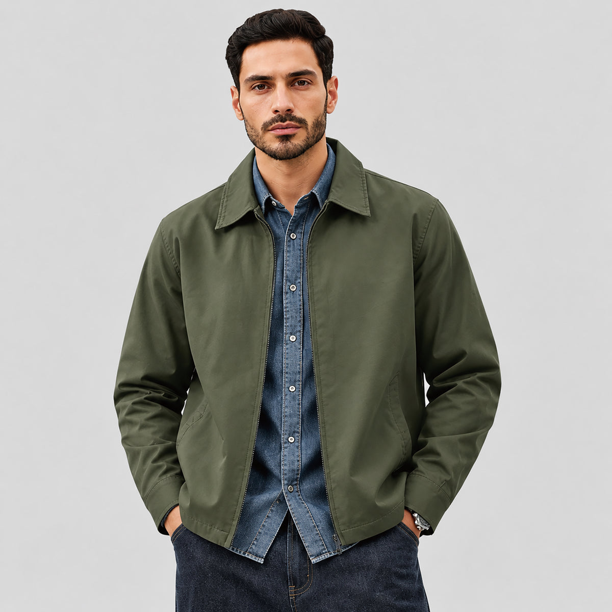 Men's Lightweight Cotton Jacket Full Zip with 3 Pockets