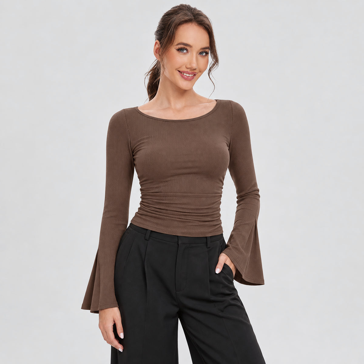 Women's Ribbed Boat Neck Long Sleeve Top Fitted Ruched Casual Shirt