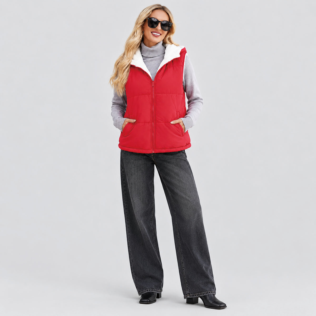 Women's Reversible Fleece Lined Puffer Vest Lightweight Winter Vest with Hood