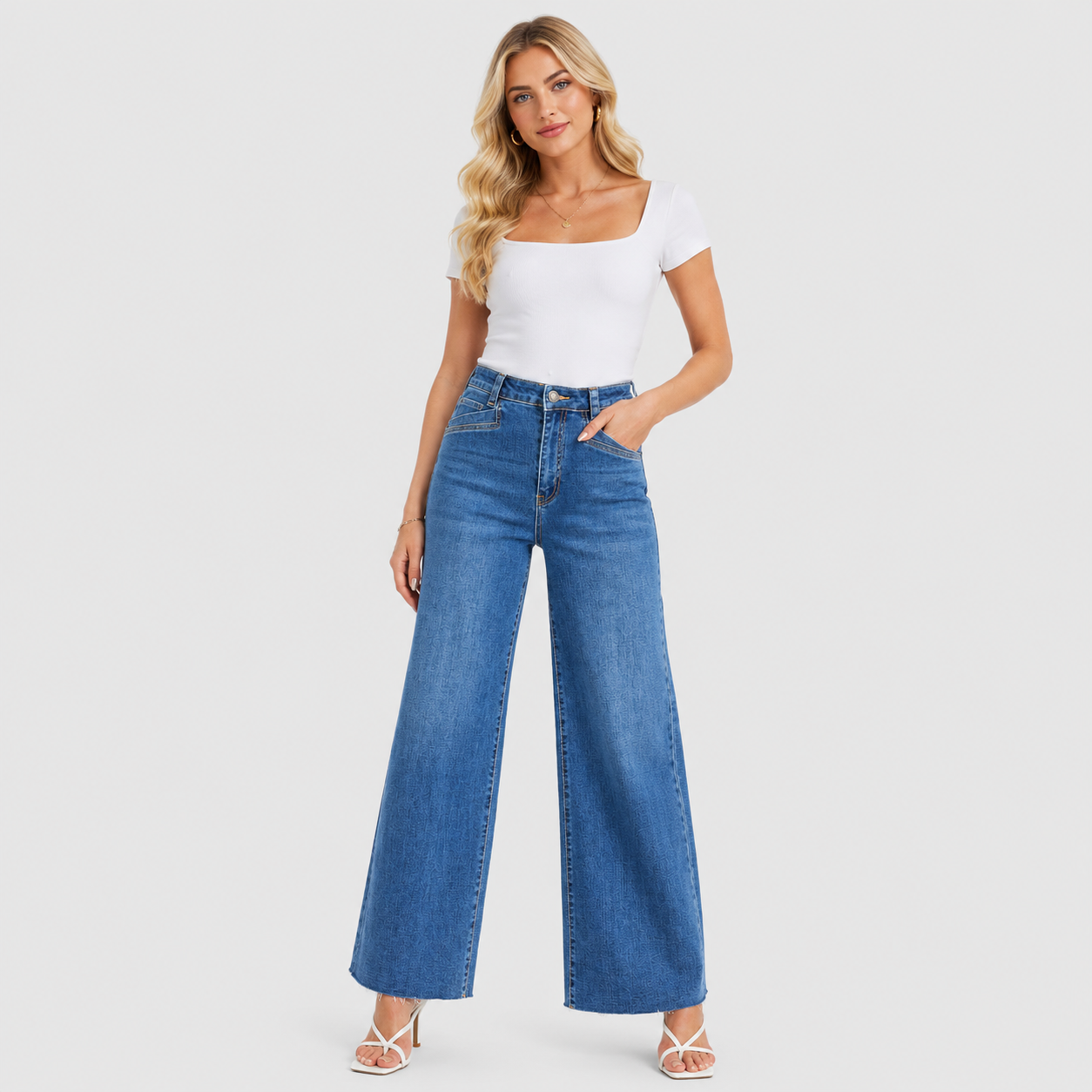 Women's High Waisted Wide Leg Jeans - Stretch Denim Pants with Raw Hem