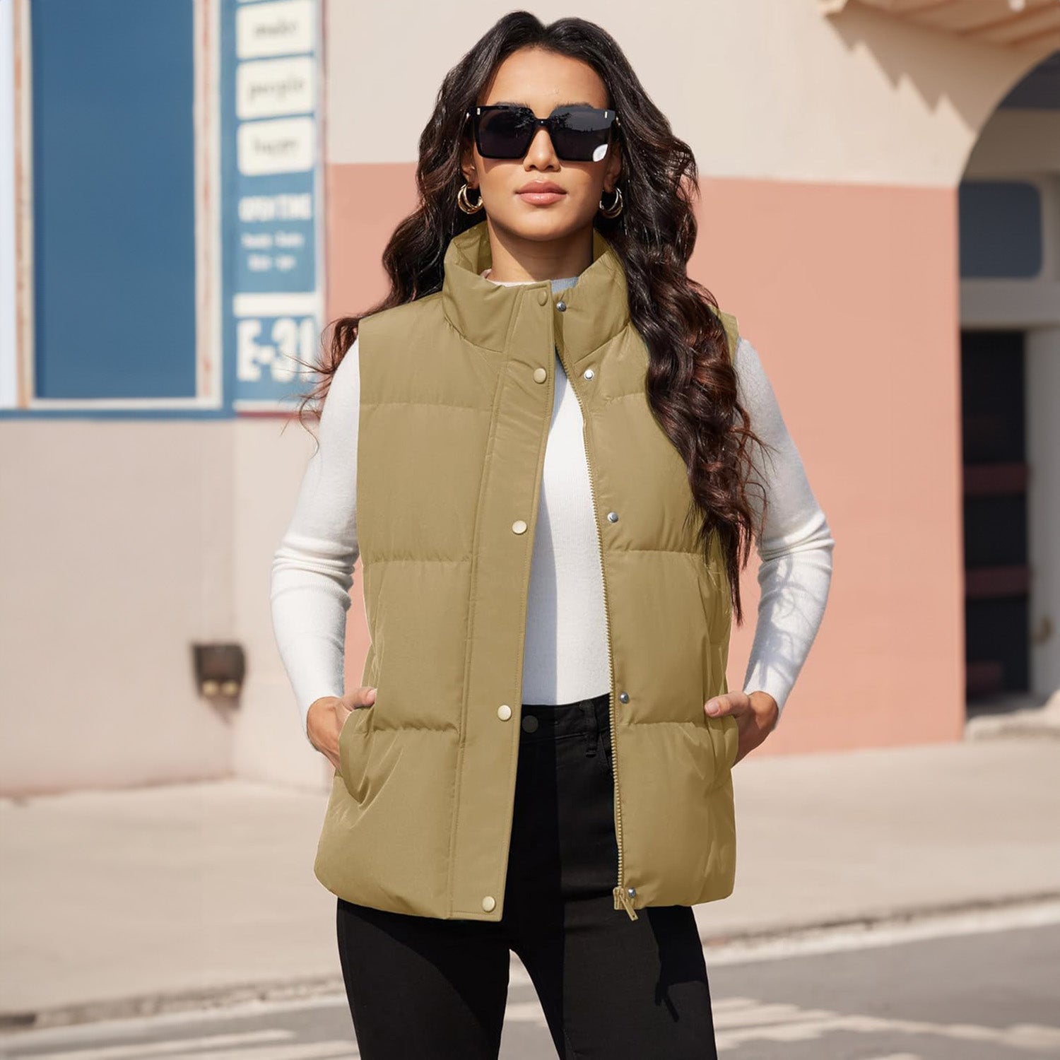 Khaki Women's Oversized Puffer Vest - MAGCOMSEN