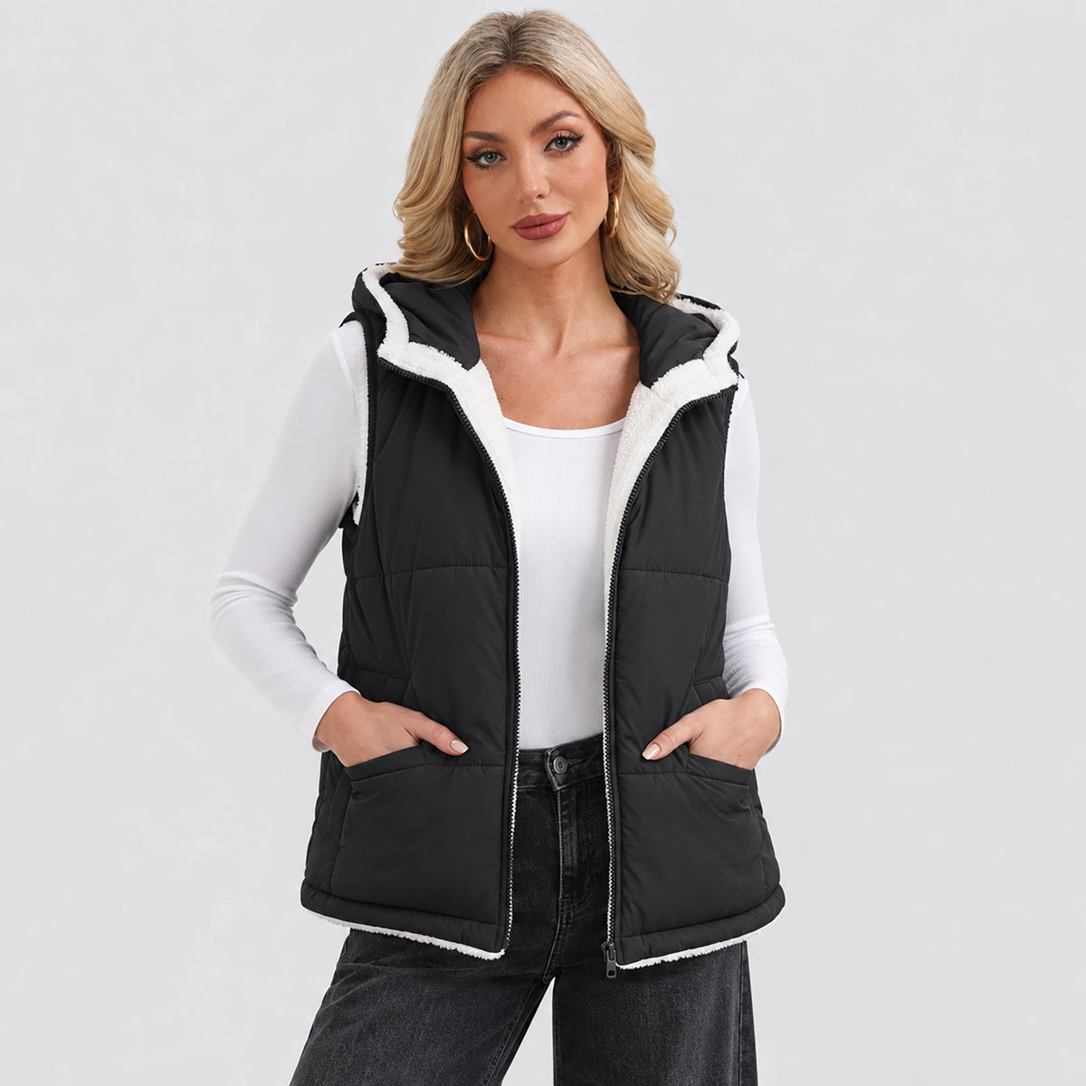Women's Reversible Fleece Lined Puffer Vest Lightweight Winter Vest with Hood