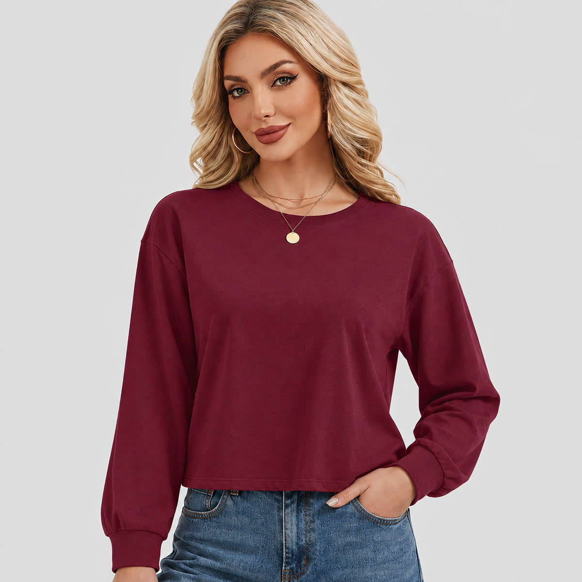 Women's Long Sleeve Cropped Top Crew Neck Casual Lightweight Shirt