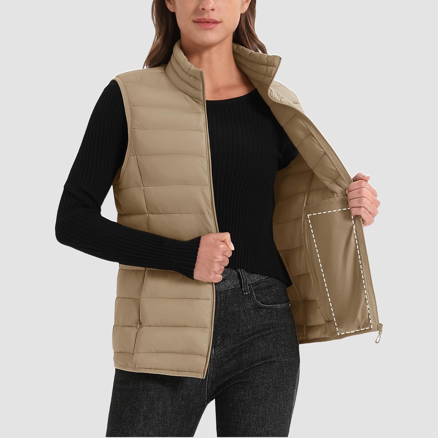 Khaki Women's Lightweight Puffer Vest with 4 Pockets & Stand Collar - MAGCOMSEN