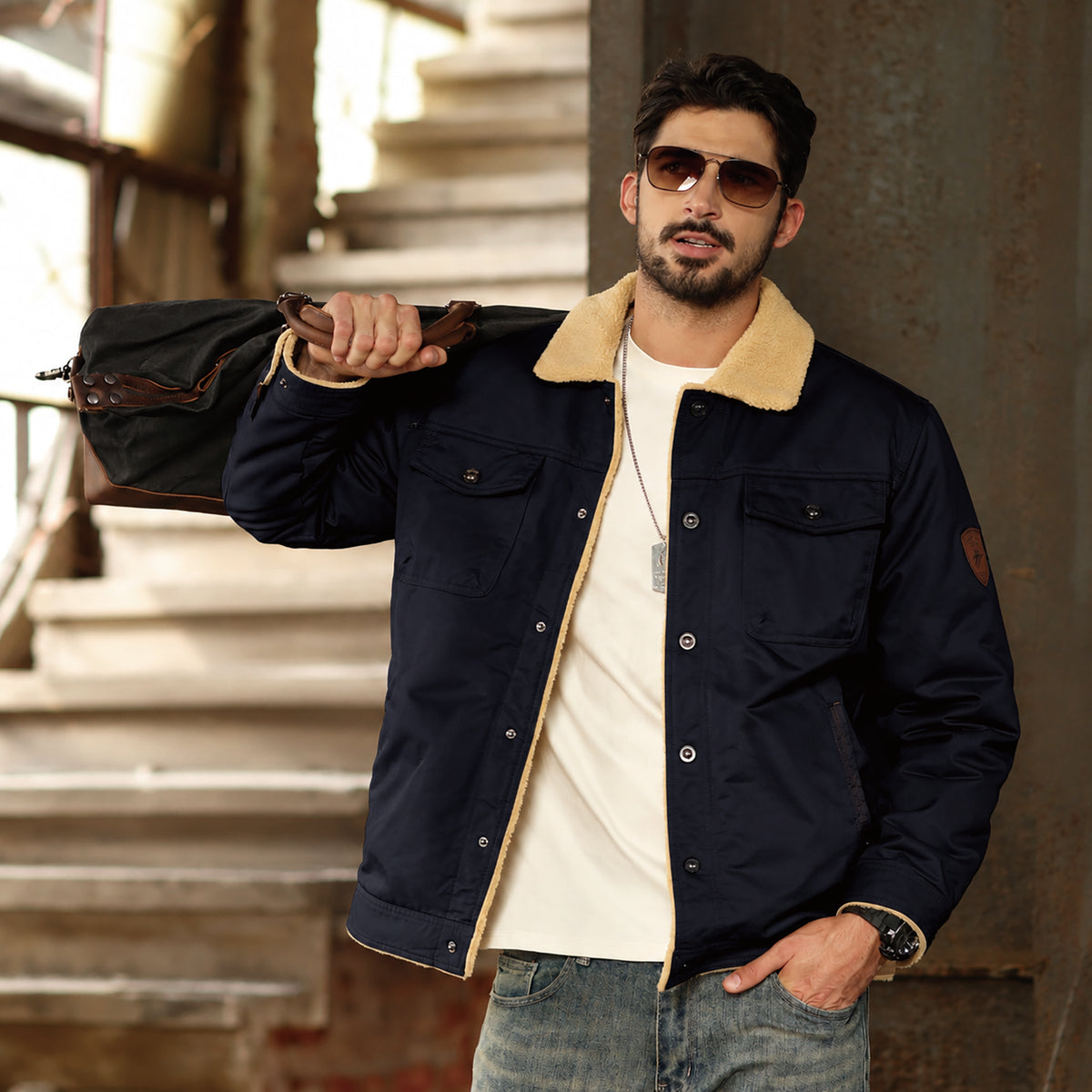 Men's Sherpa Lined Trucker Jacket | Casual Denim Canvas Coat