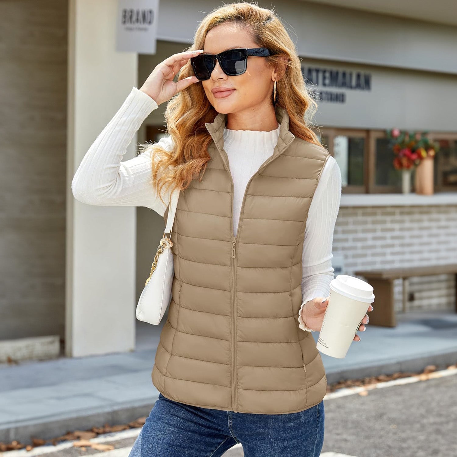 Khaki Women's Lightweight Puffer Vest with 4 Pockets & Stand Collar - MAGCOMSEN