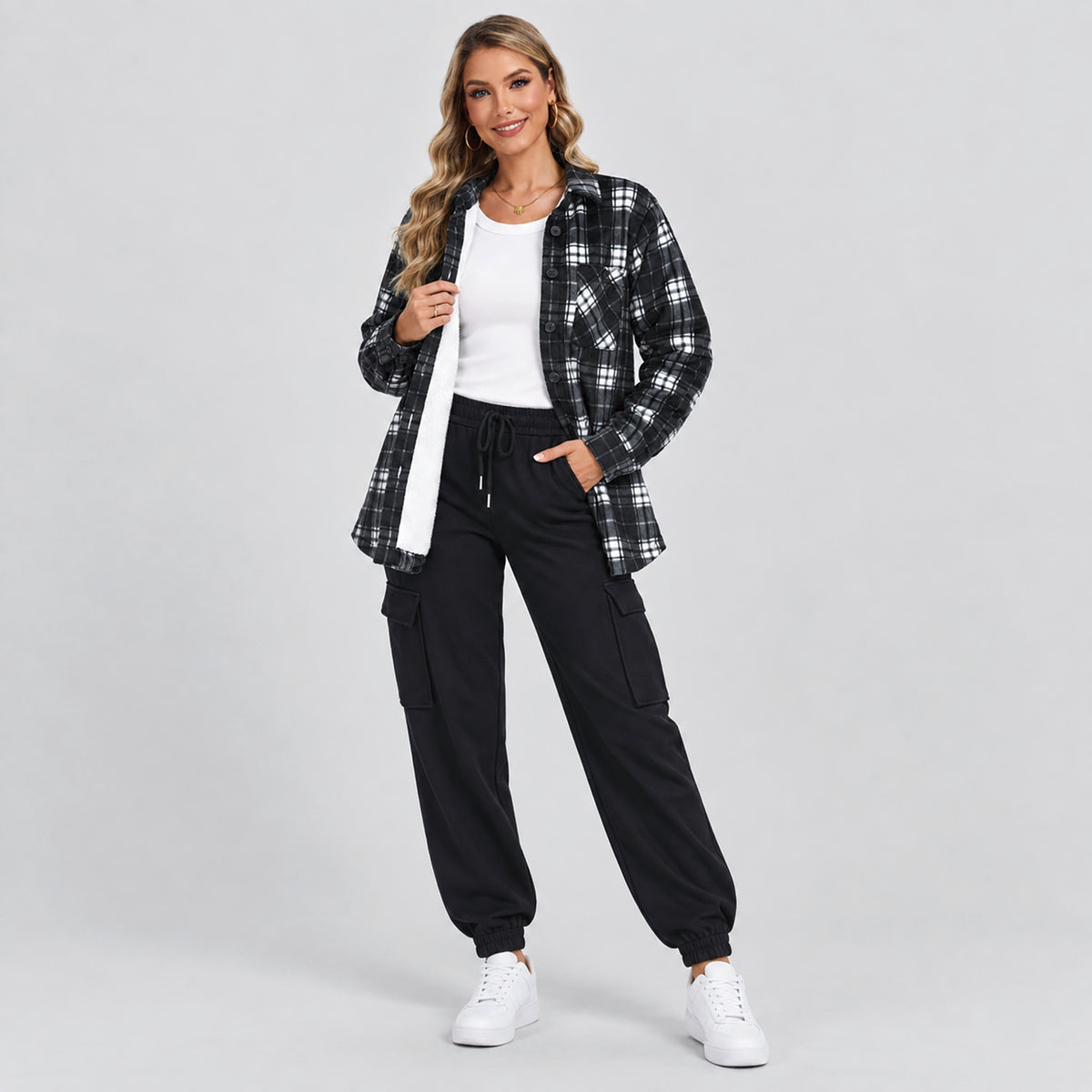 Women's Sherpa Lined Plaid Shacket Warm Flannel Jacket for Fall Winter