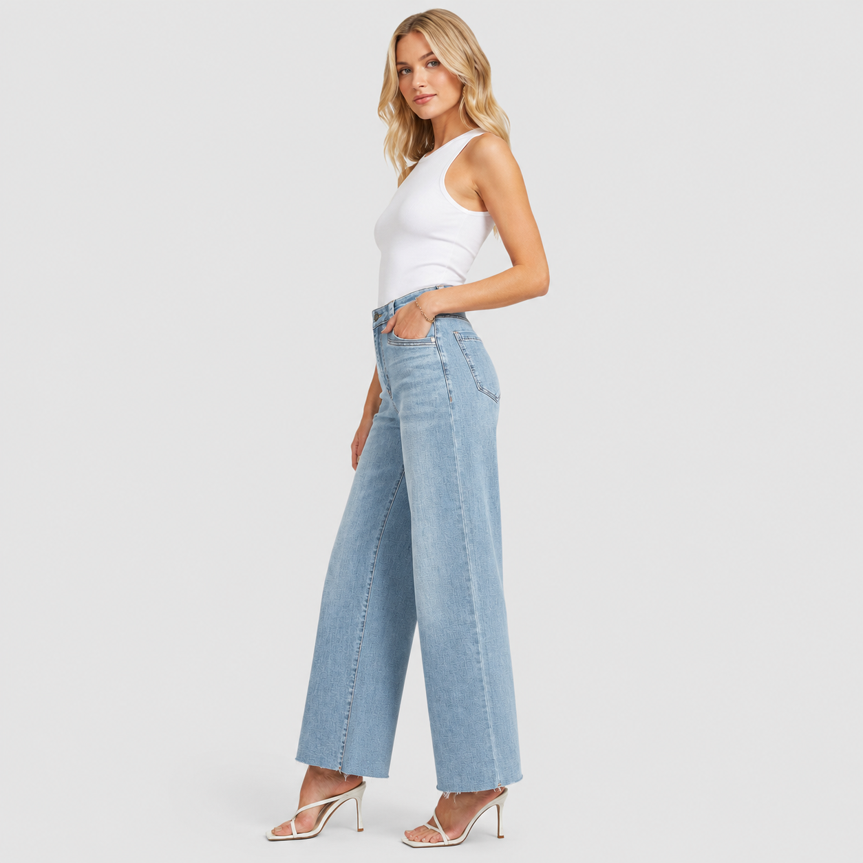 Women's High Waisted Wide Leg Jeans - Stretch Denim Pants with Raw Hem