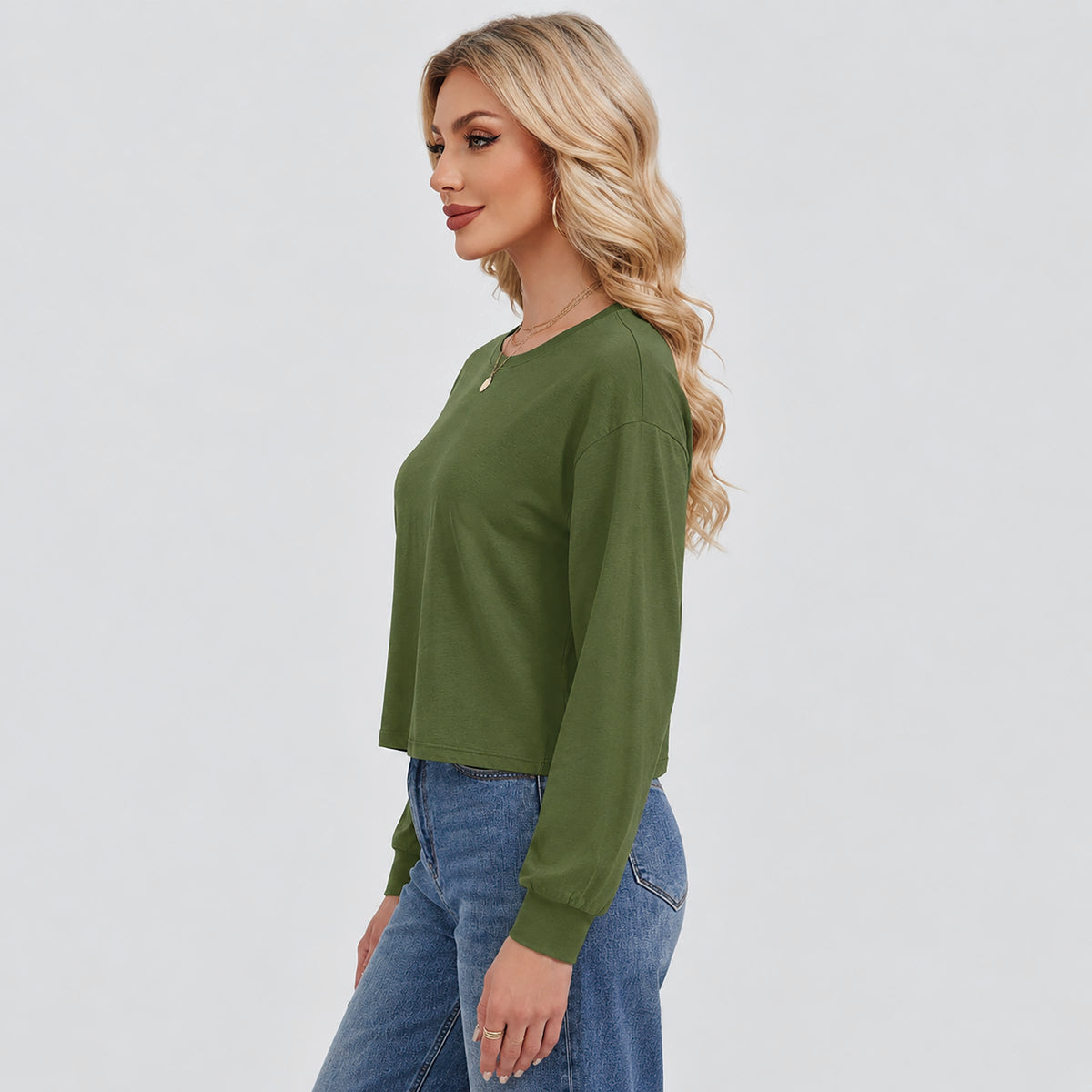 Women's Long Sleeve Cropped Top Crew Neck Casual Lightweight Shirt