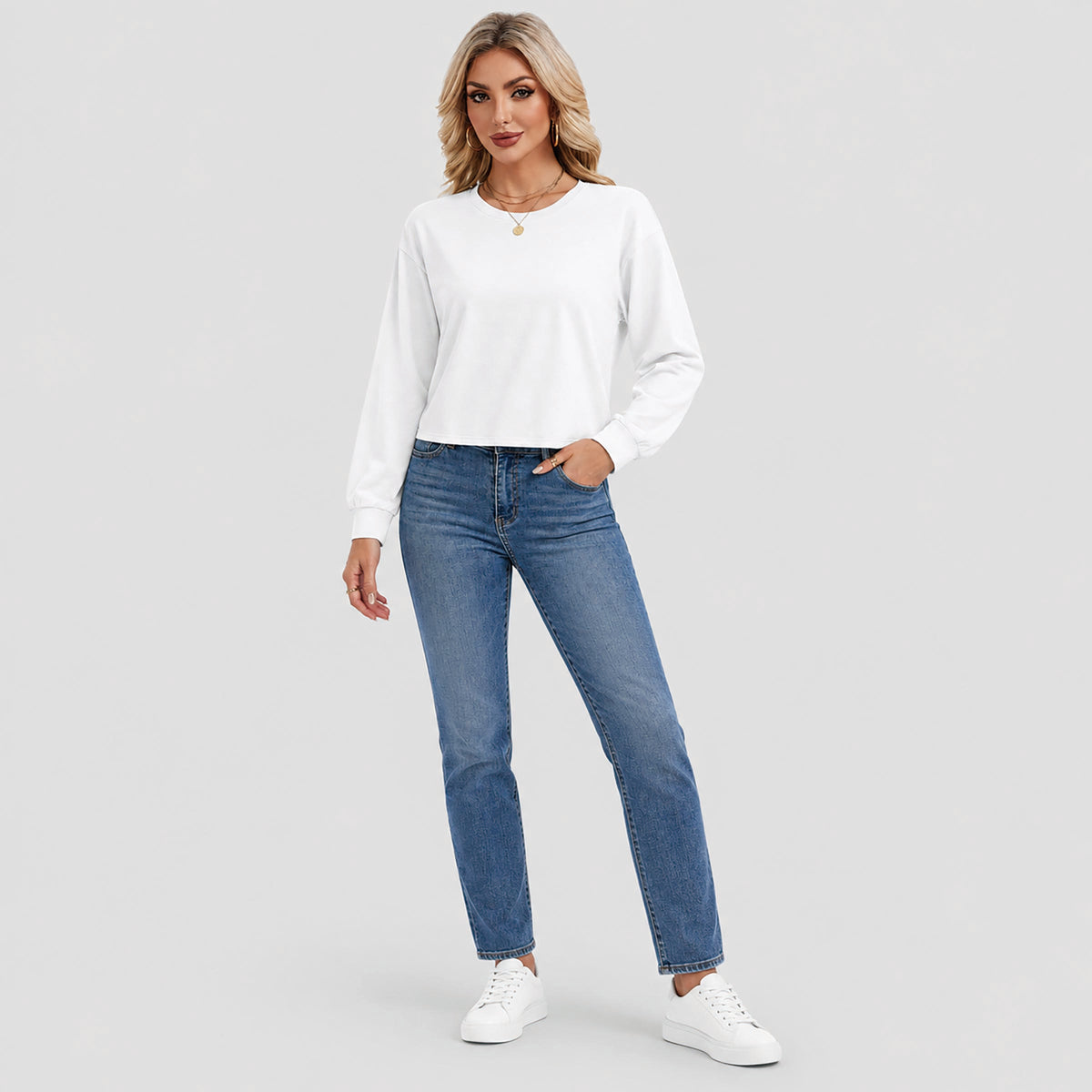 Women's Long Sleeve Cropped Top Crew Neck Casual Lightweight Shirt